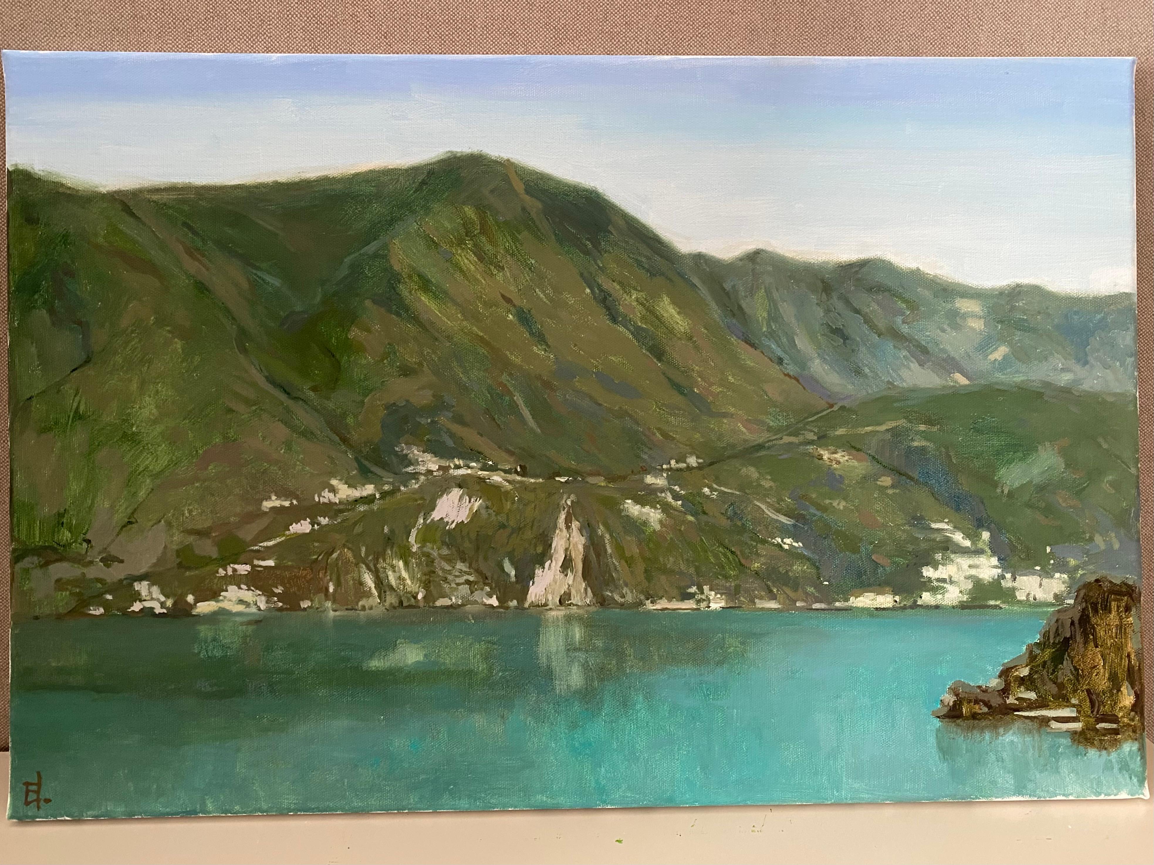 Blick auf den Luganer See. Kunstwand Landschaft, Schweizer See, Berg, Originalgemälde im Angebot 1