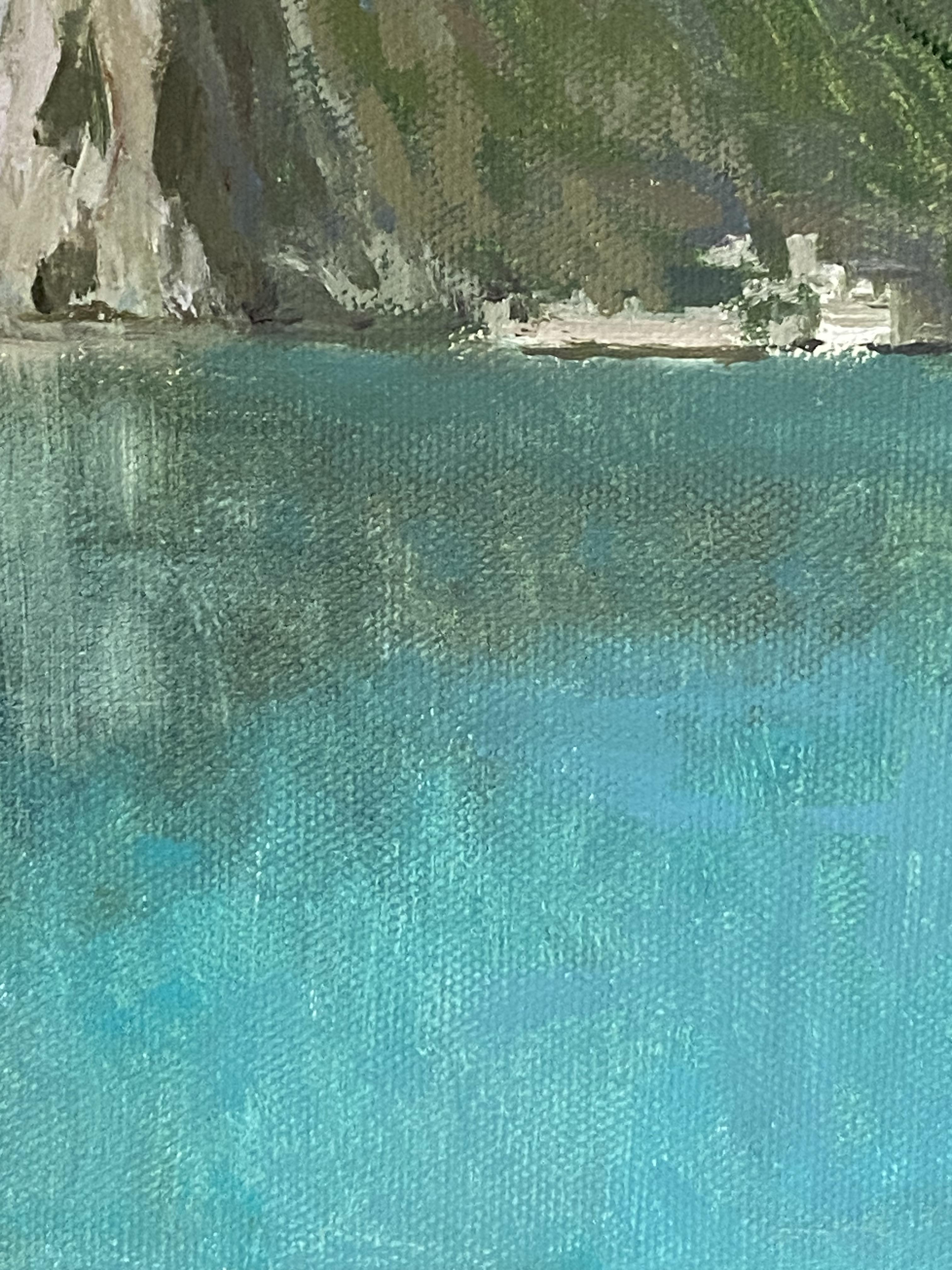 Blick auf den Luganer See. Kunstwand Landschaft, Schweizer See, Berg, Originalgemälde im Angebot 4