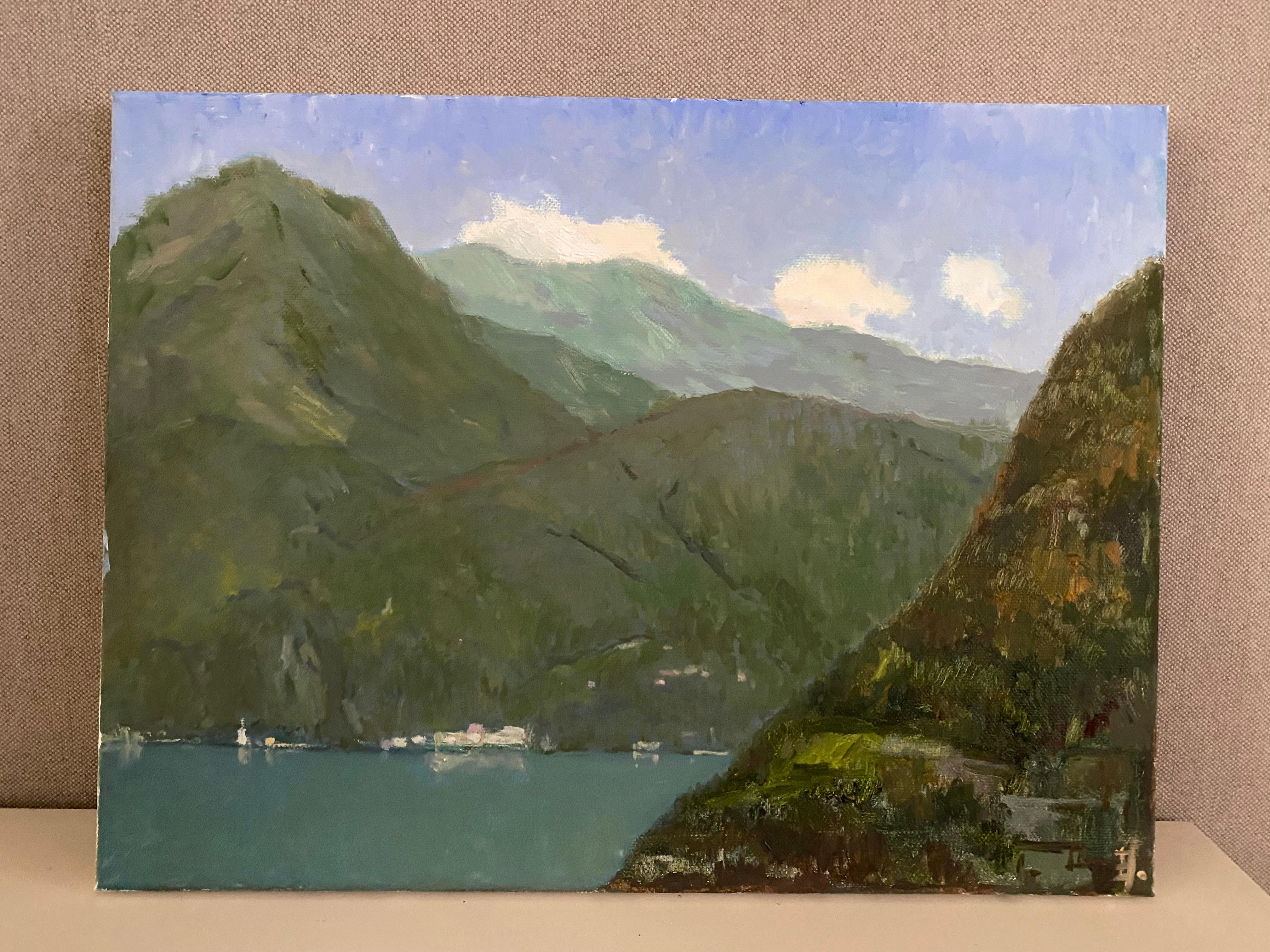 Lugano See Viewi Ölgemälde Landschaft Impressionismus Berg Seelandschaft Natur – Painting von Elena Bulatova