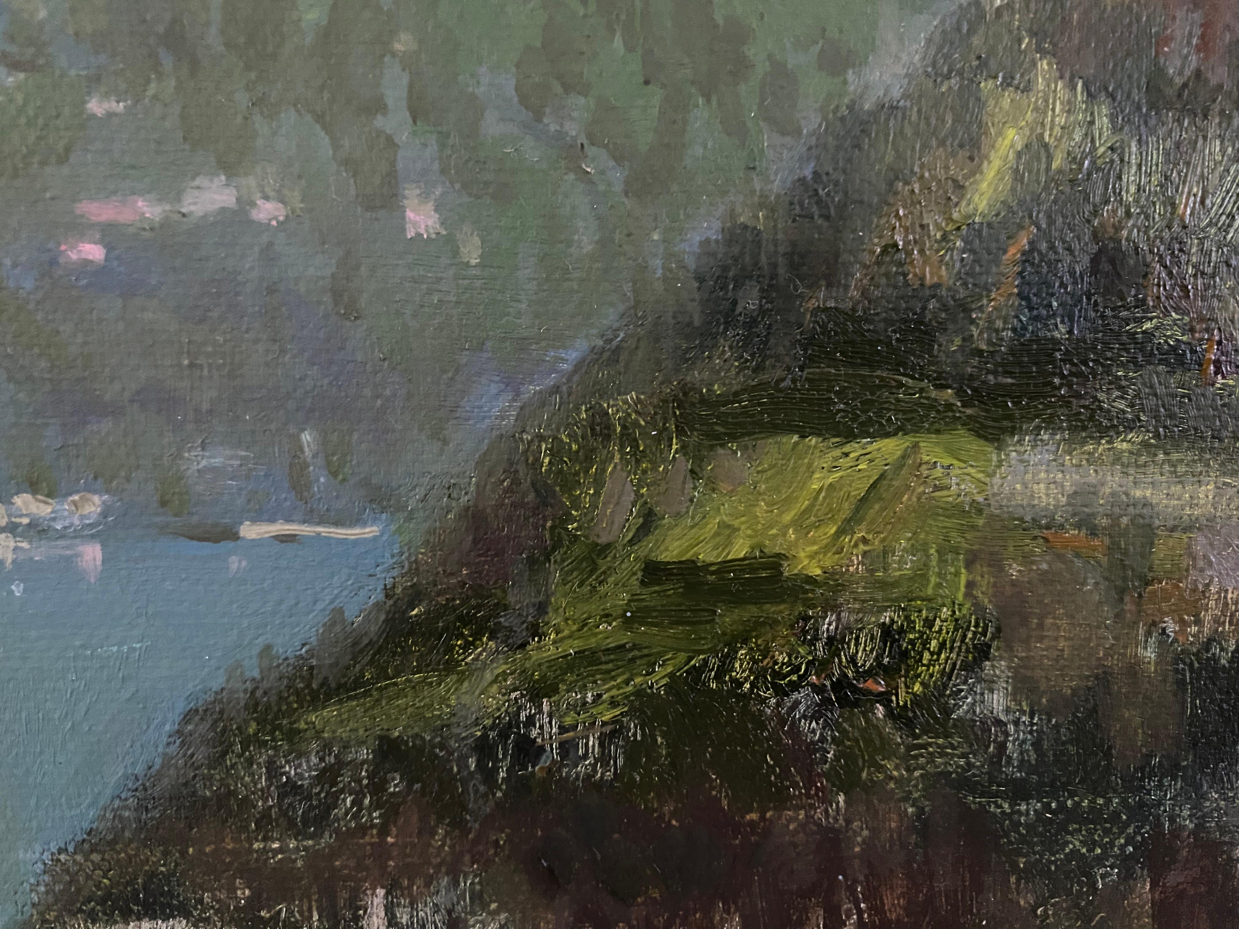 Lugano See Viewi Ölgemälde Landschaft Impressionismus Berg Seelandschaft Natur (Grau), Landscape Painting, von Elena Bulatova