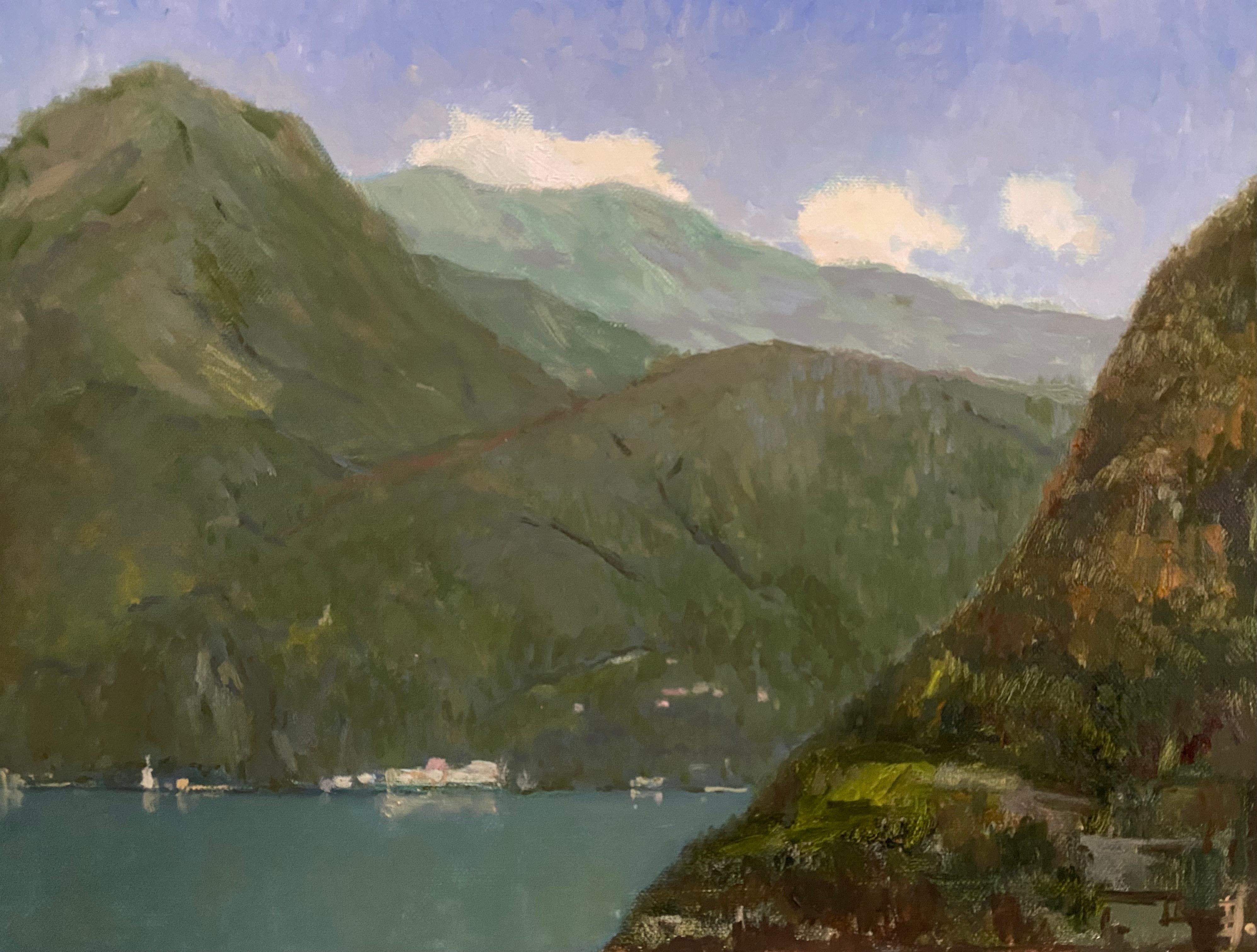Elena Bulatova Landscape Painting – Lugano See Viewi Ölgemälde Landschaft Impressionismus Berg Seelandschaft Natur