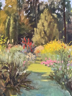 « Jardin luxuriant » Paysage d'été impressionniste Huile sur toile. Vertical