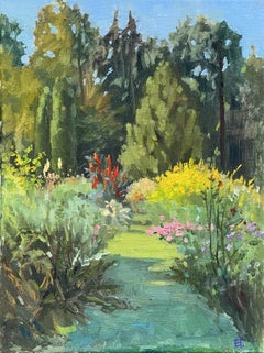 "Lush garden" Impressionistic summer landscape . Oil on canvas. Vertical