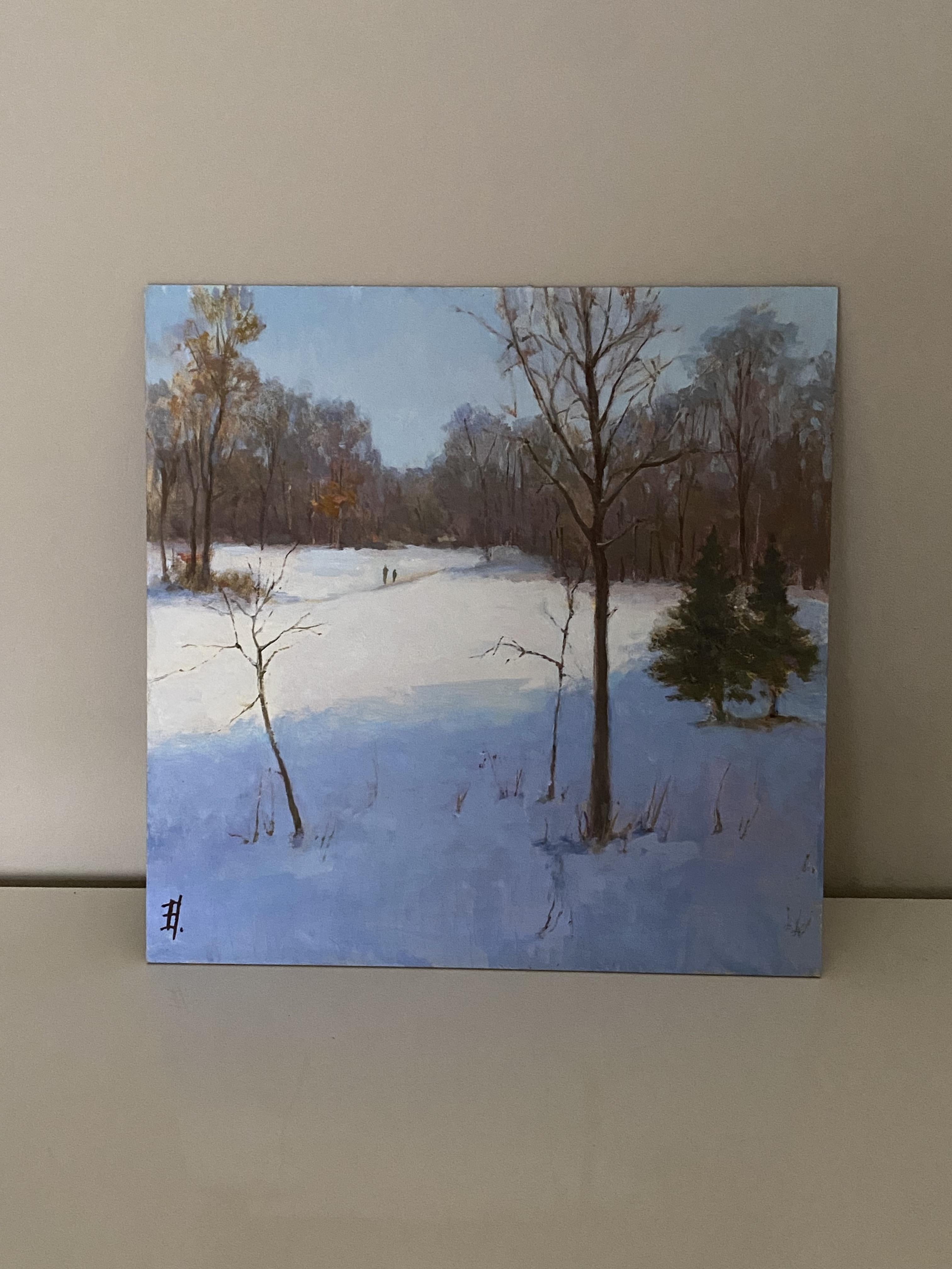 Lampe du matin, peinture à l'huile, paysage d'hiver, beaux-arts, nature, carré - Painting de Elena Bulatova