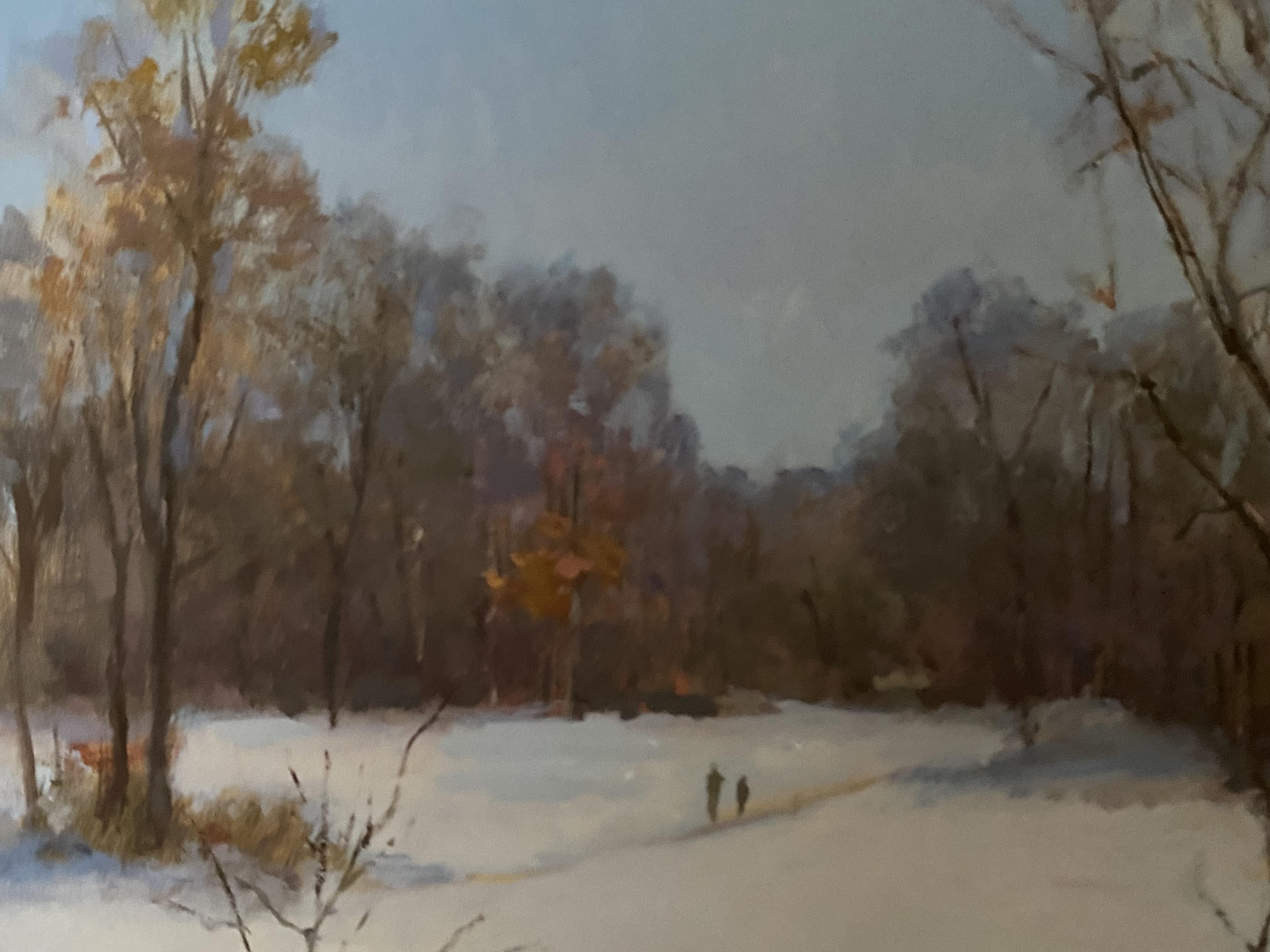 Lampe du matin, peinture à l'huile, paysage d'hiver, beaux-arts, nature, carré - Impressionnisme Painting par Elena Bulatova