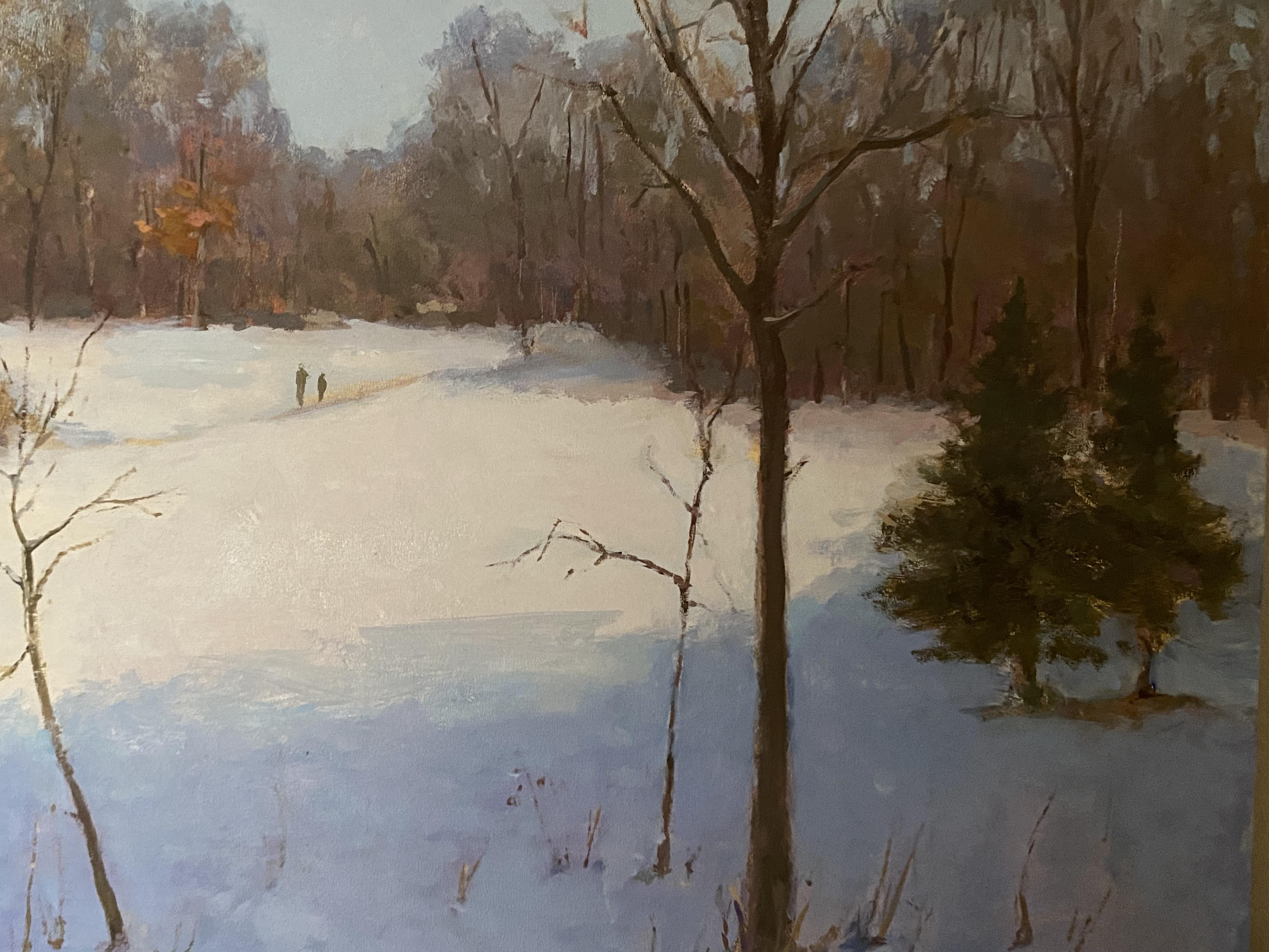 Lampe du matin, peinture à l'huile, paysage d'hiver, beaux-arts, nature, carré - Gris Landscape Painting par Elena Bulatova