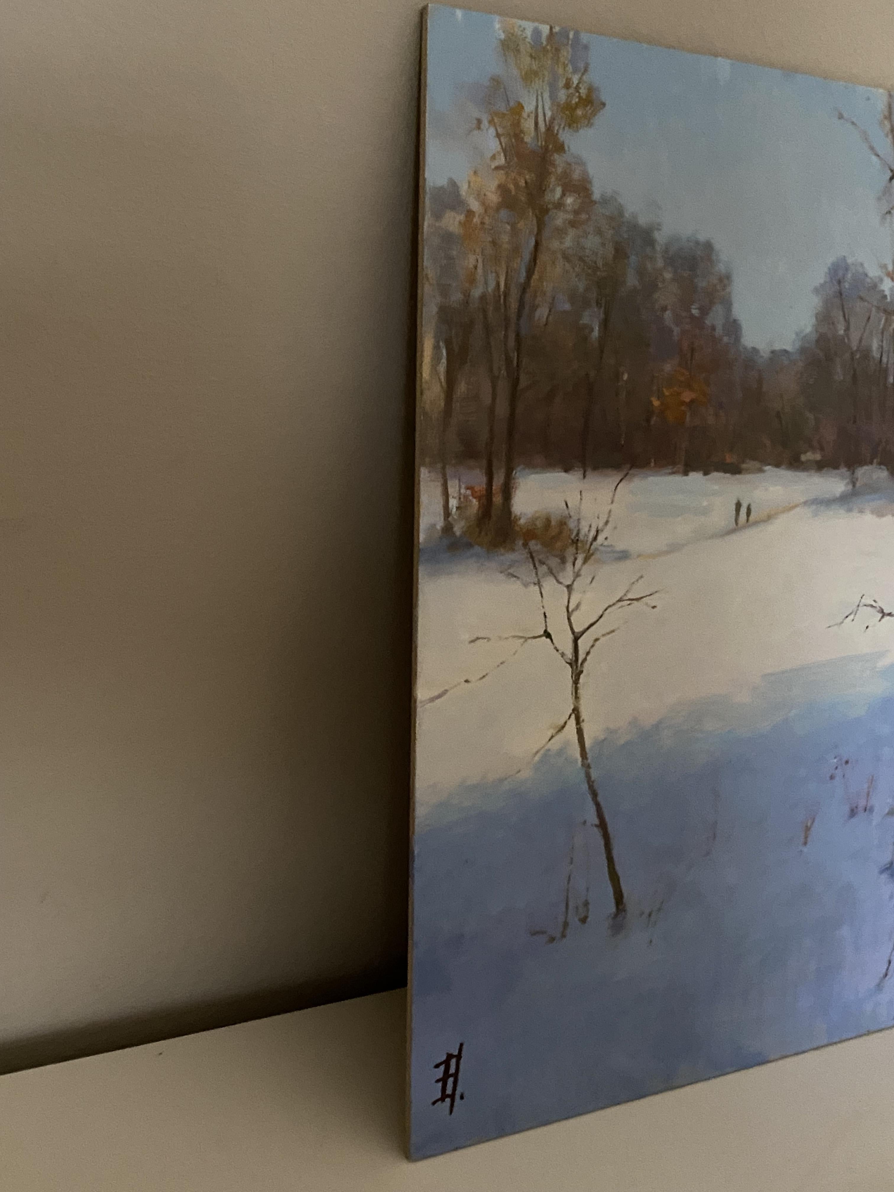 Lampe du matin, peinture à l'huile, paysage d'hiver, beaux-arts, nature, carré en vente 1