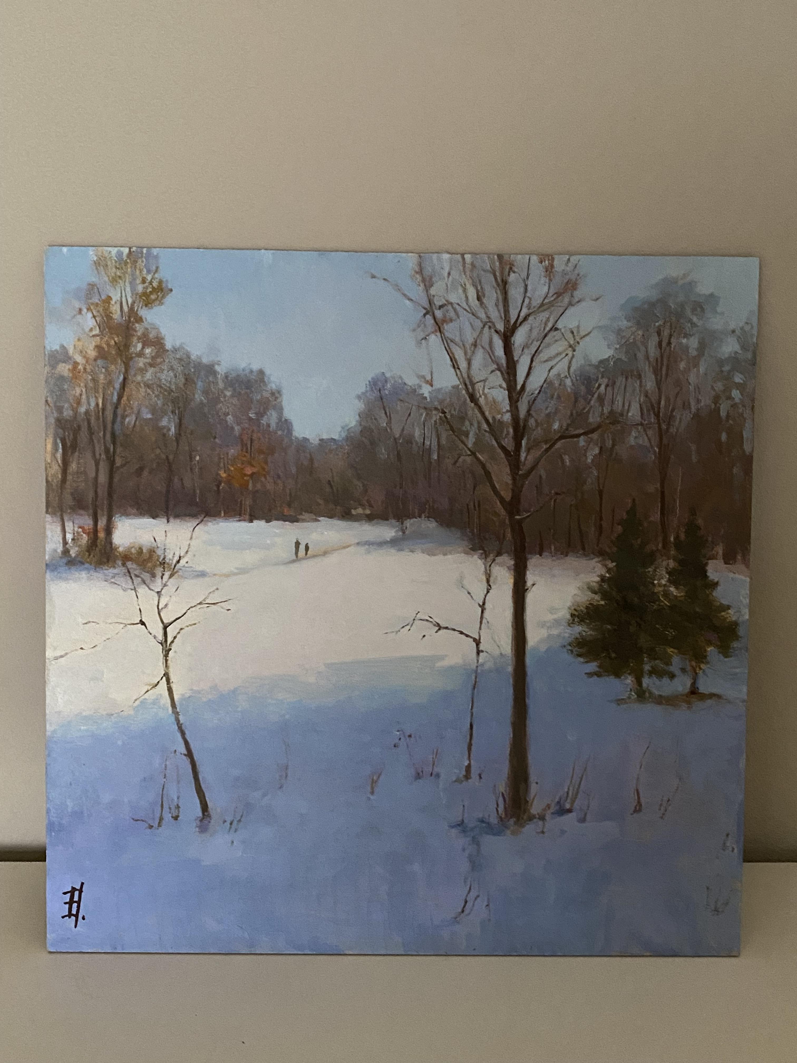 Lampe du matin, peinture à l'huile, paysage d'hiver, beaux-arts, nature, carré en vente 3