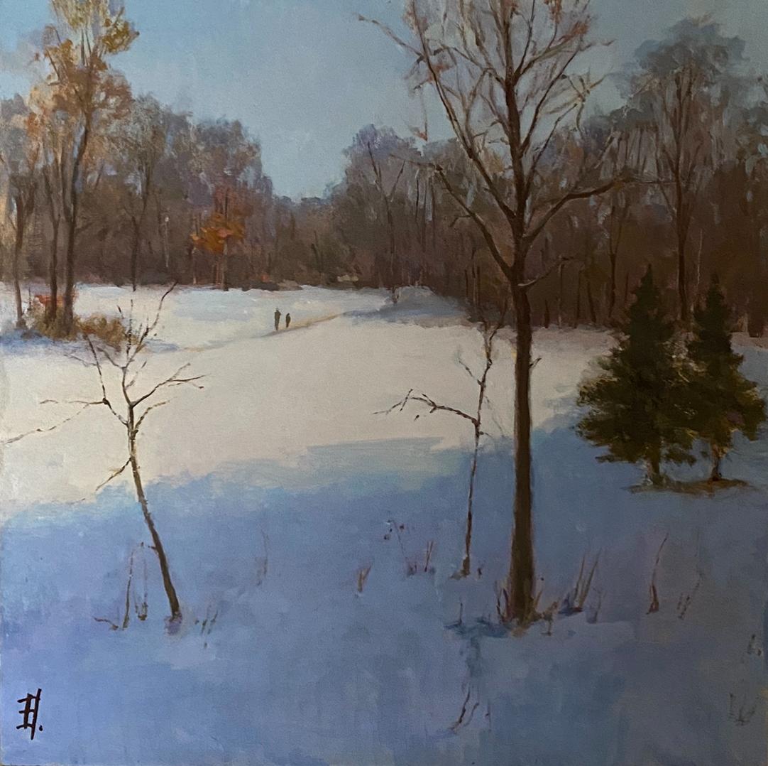 Landscape Painting Elena Bulatova - Lampe du matin, peinture à l'huile, paysage d'hiver, beaux-arts, nature, carré
