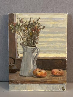 Near the Window. Still life oil painting, peaches, flowers, impressionist