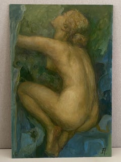 Nude after Rodin. Female figure oil painting, green, ocher, contemporary art