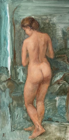 Nude Figure from Behind. Figurative nude oil painting, Impressionism, interior