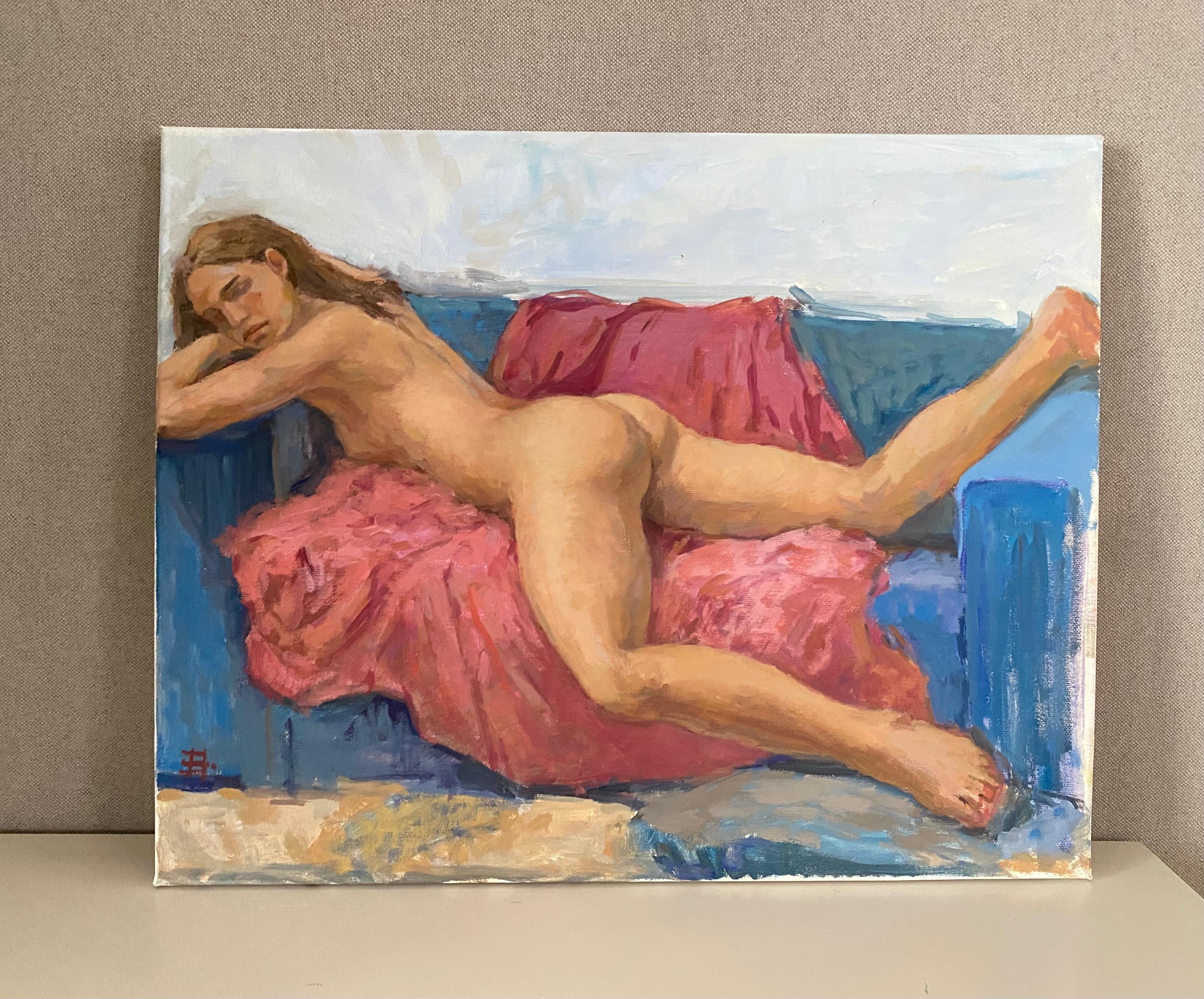 Nude, oil painting, oil on canvas, impressionistic, live model - Impressionist Painting by Elena Bulatova