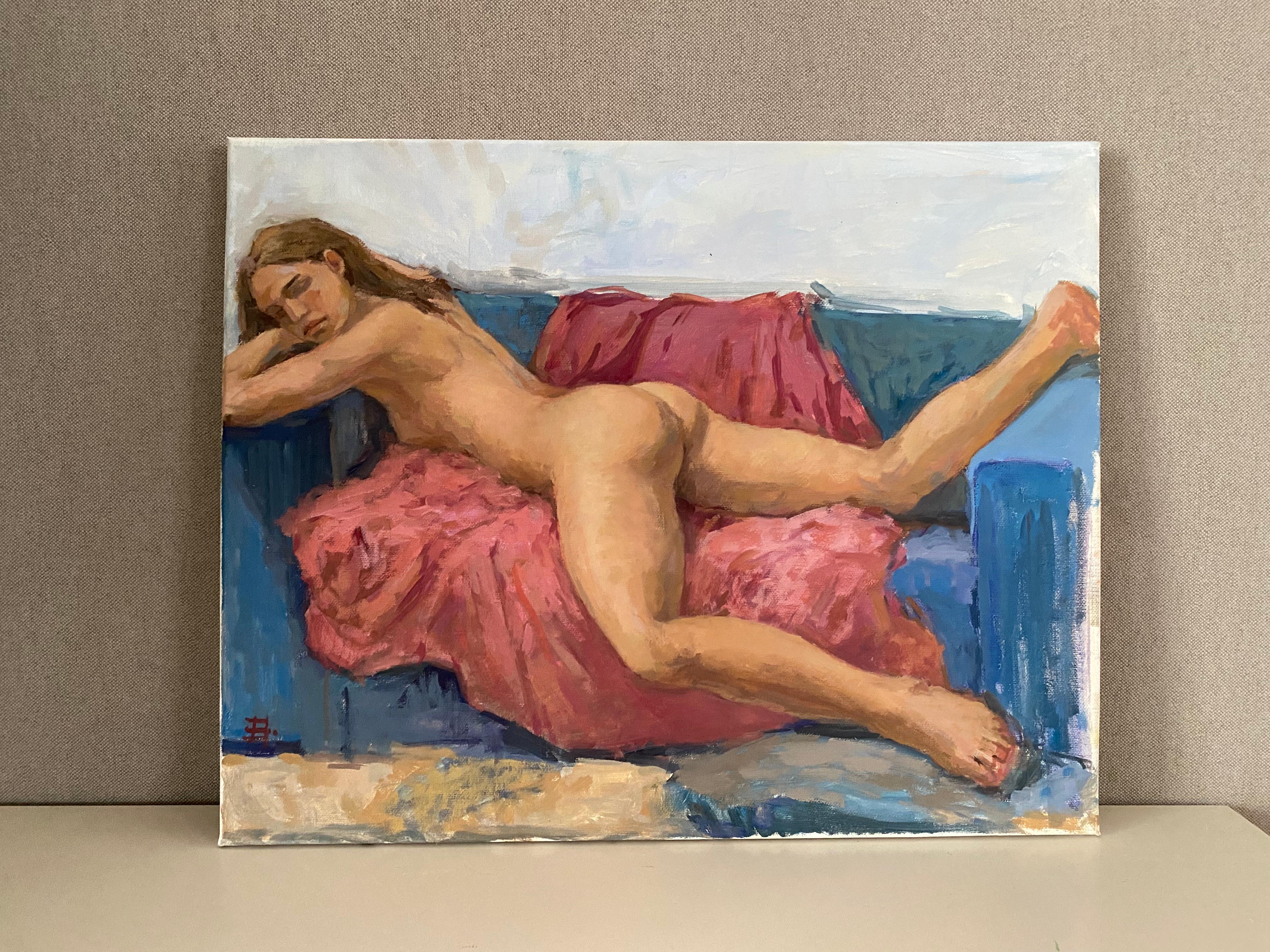 Nude, oil painting, oil on canvas, impressionistic, live model - Brown Nude Painting by Elena Bulatova