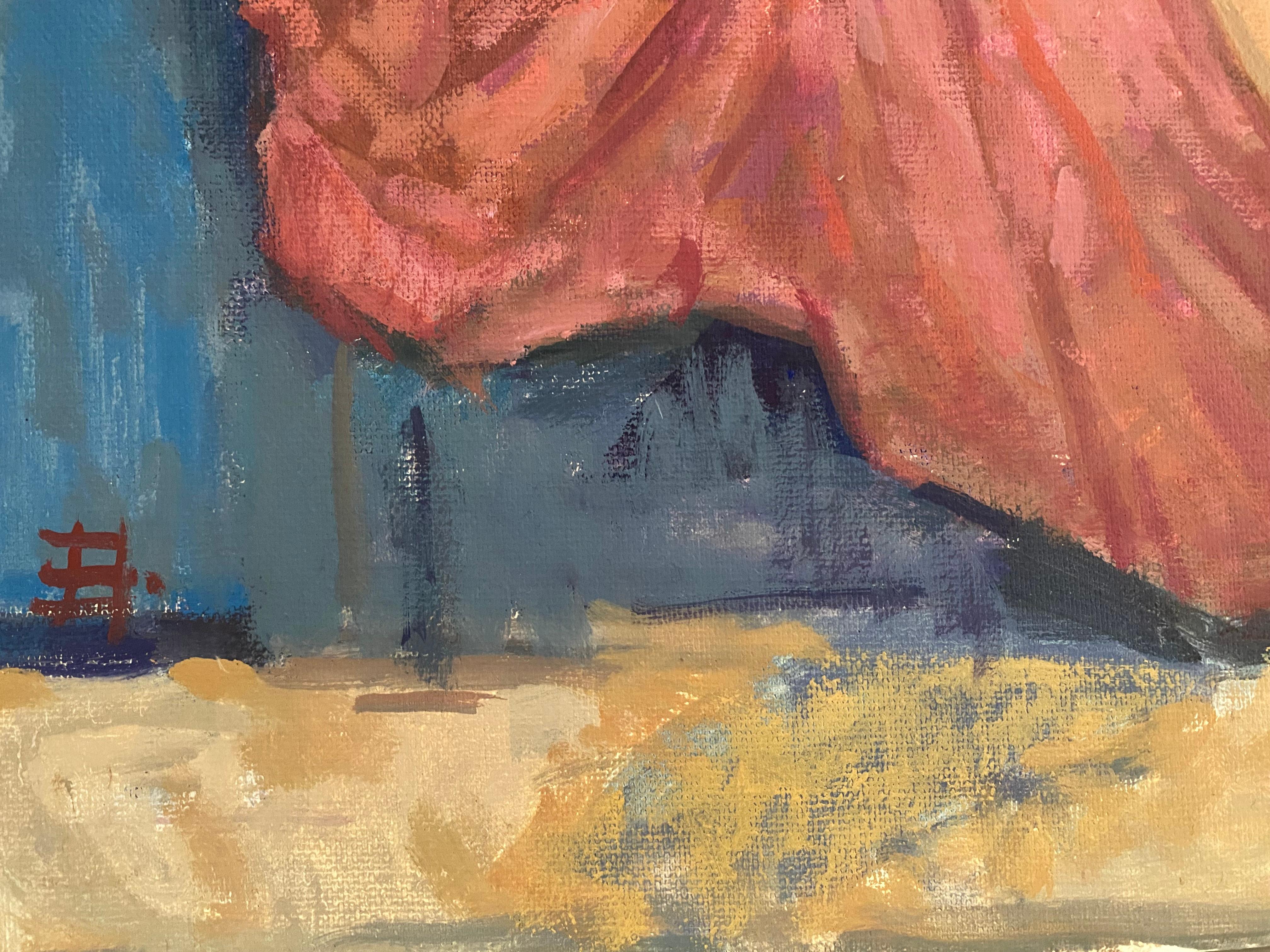 This intimate oil painting captures a moment of quiet rest and vulnerability. Painted alla prima, the artist works swiftly and expressively, allowing brushstrokes to remain visible and alive. The reclining nude figure rests upon a vibrant red