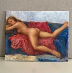 Nude Woman in Blue and Red. impressionist oil painting, figure, vibrant color