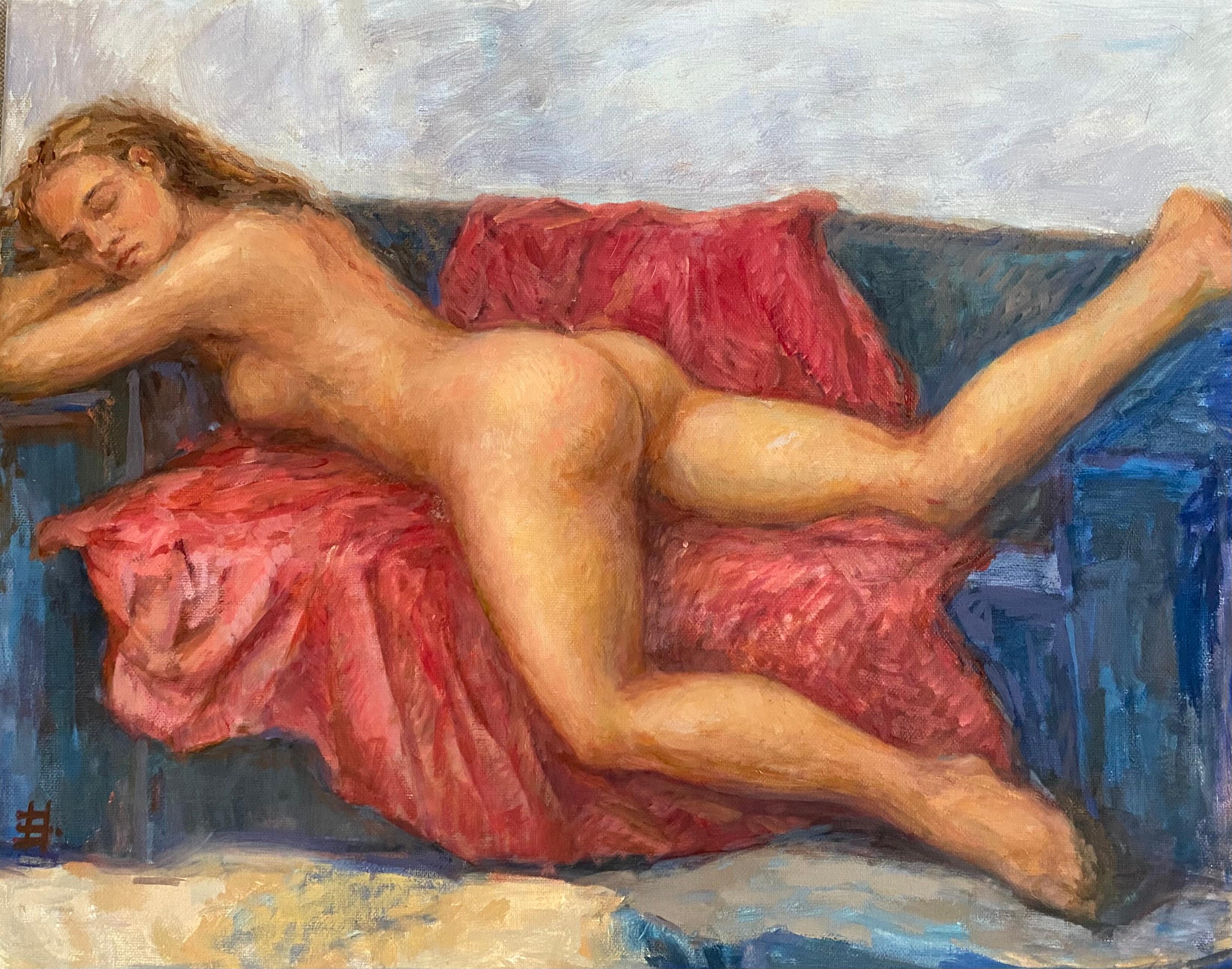 Nude Woman in Blue and Red. impressionist oil painting, figure, vibrant color