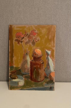 Orange light still life, warm tones flowers impressionism, brushstrokes, harmony