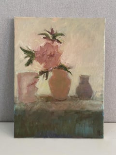 Pfingstrose in warmem Licht. Kleines Ölgemälde, zeitgenössische Blumenkunst.