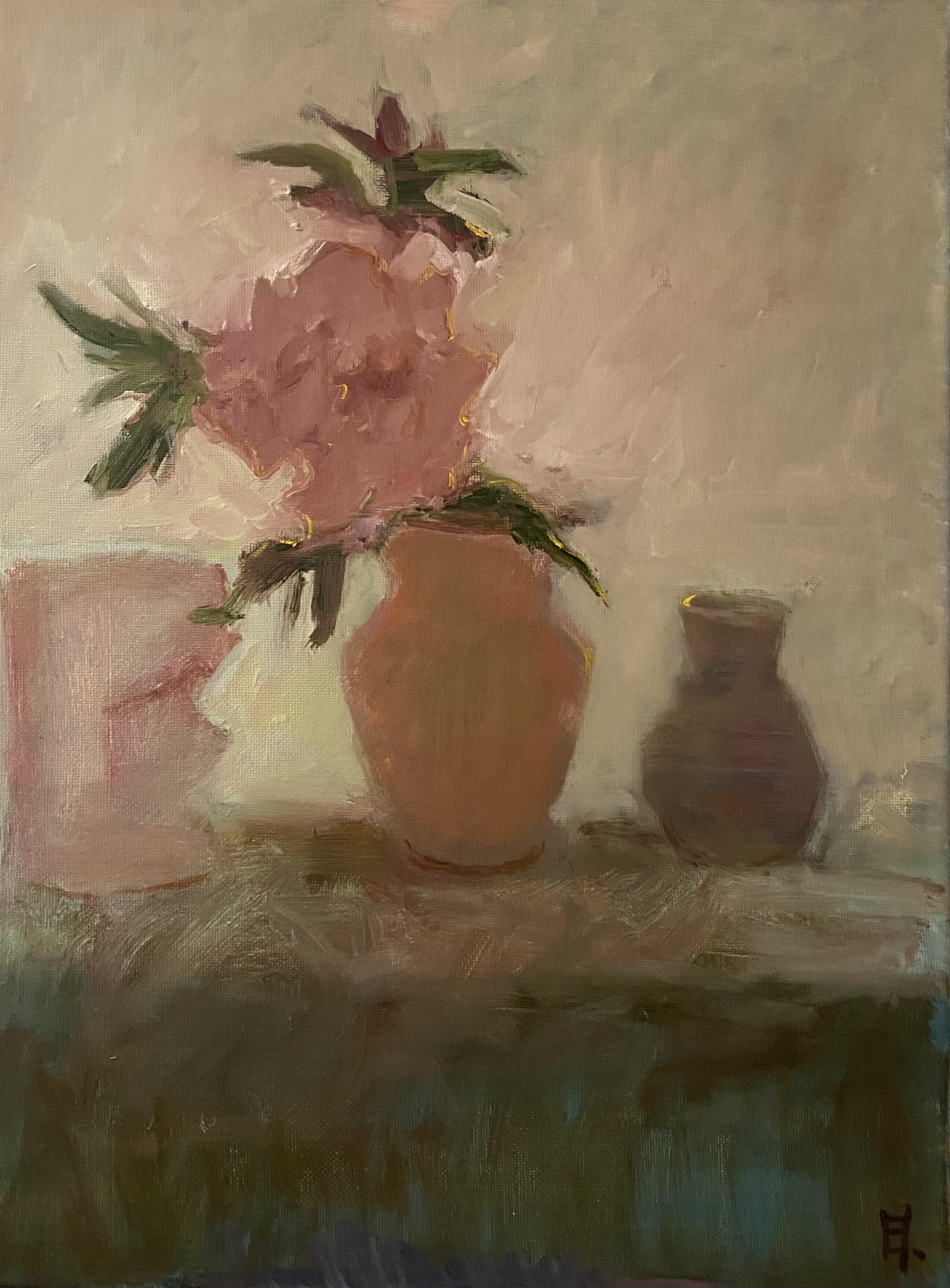Peony in Warm Light. Small oil painting, contemporary floral art.
