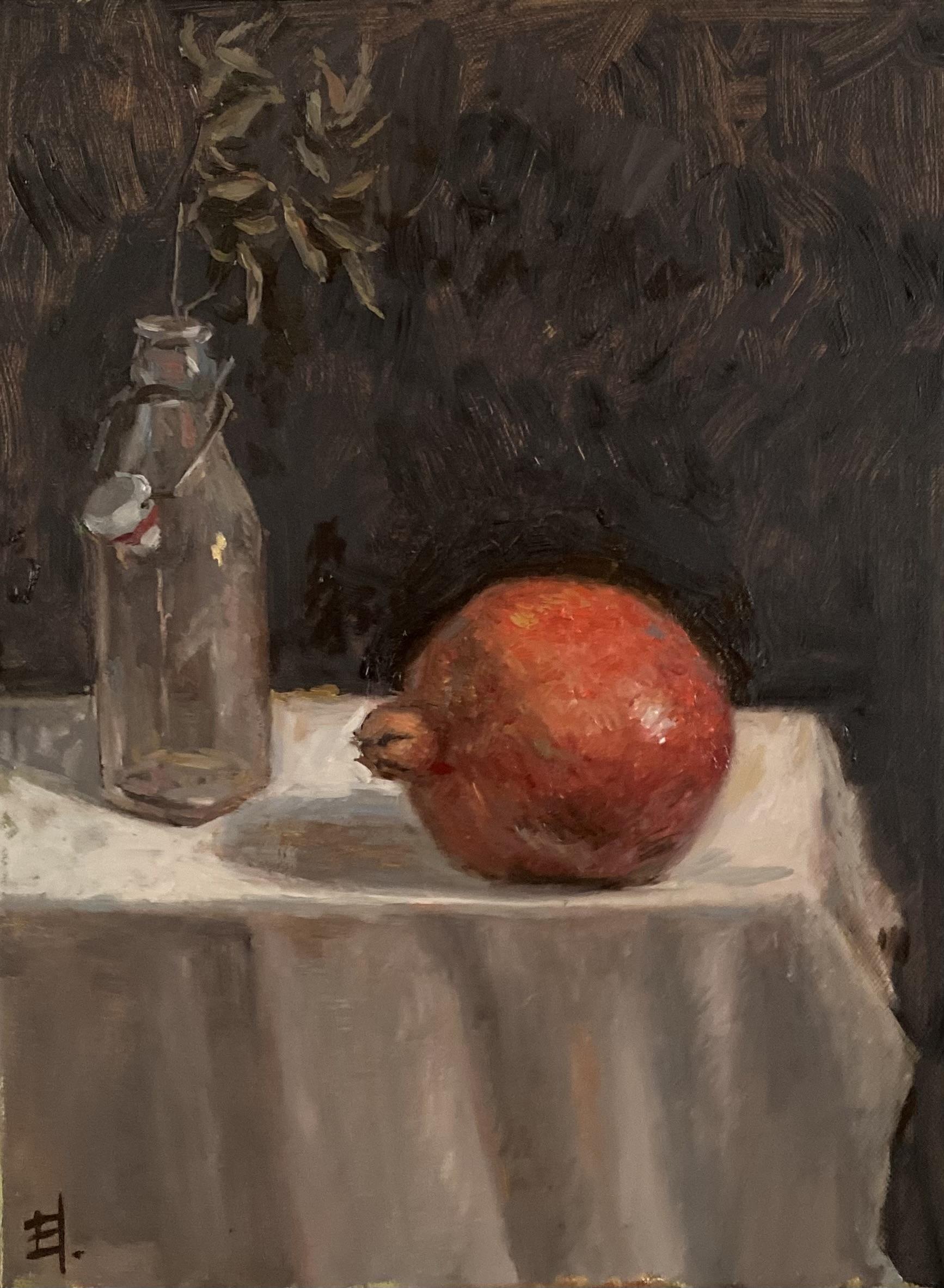 Granatapfel und getrocknete Kräuter. Öl auf Leinwand, Stillleben, warme Farben, klassische Kunst