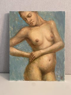 Quiet Nude. figurative nude, blue tones, contemporary oil painting, woman