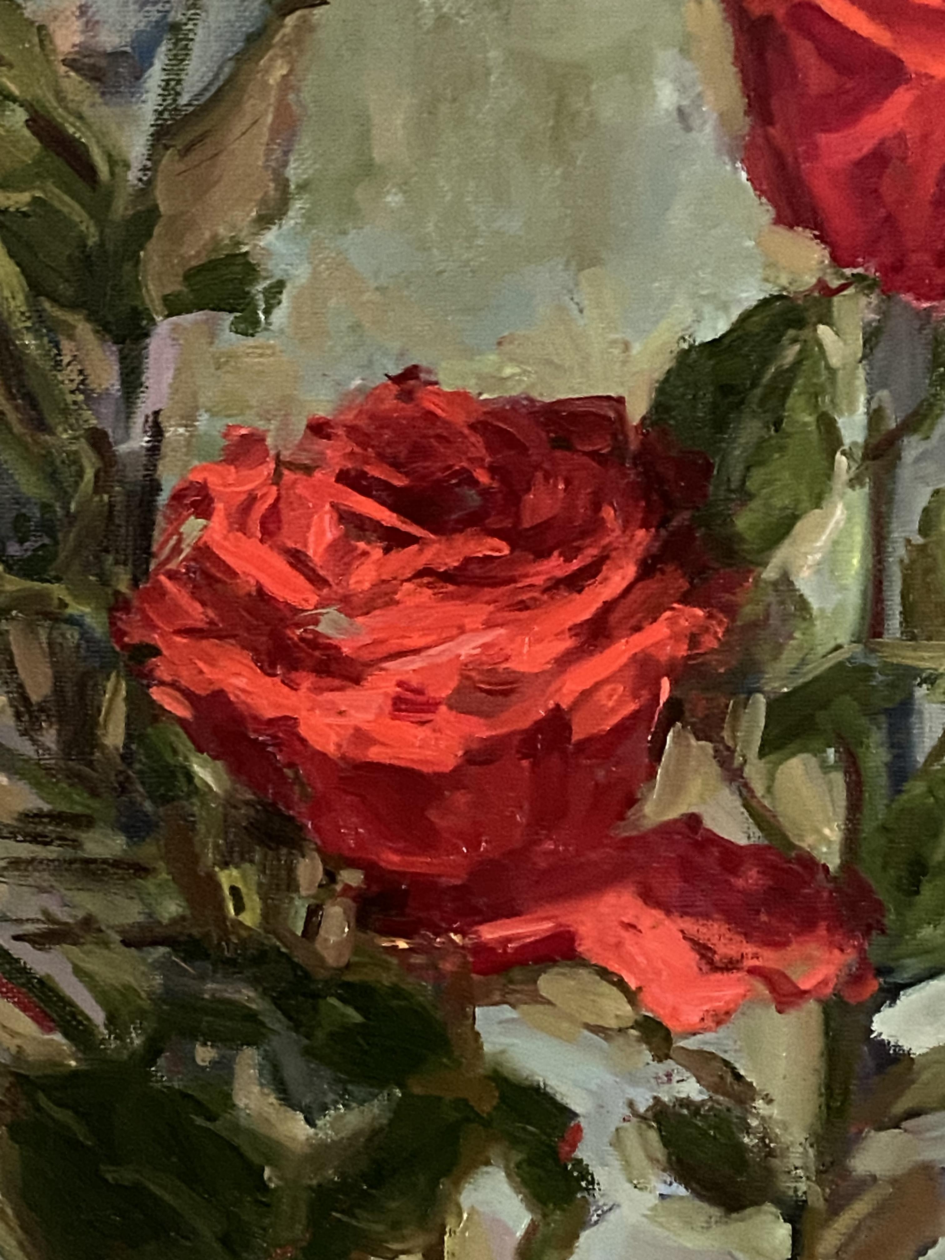 Rot in Progress. Impressionistische Blumenkunst, Zeitgenössische Kunst, Rosenstillleben – Painting von Elena Bulatova