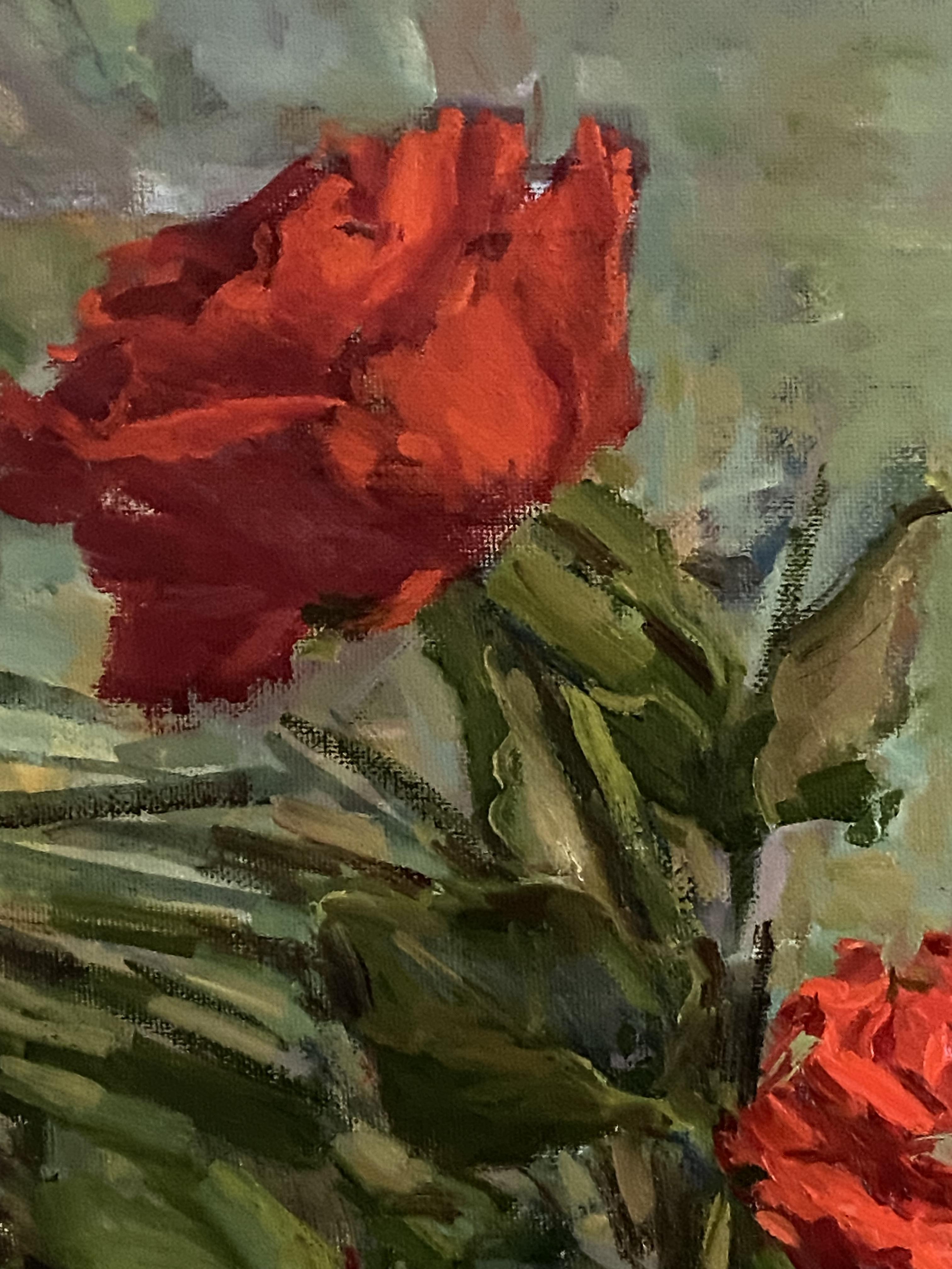 Rot in Progress. Impressionistische Blumenkunst, Zeitgenössische Kunst, Rosenstillleben (Impressionismus), Painting, von Elena Bulatova