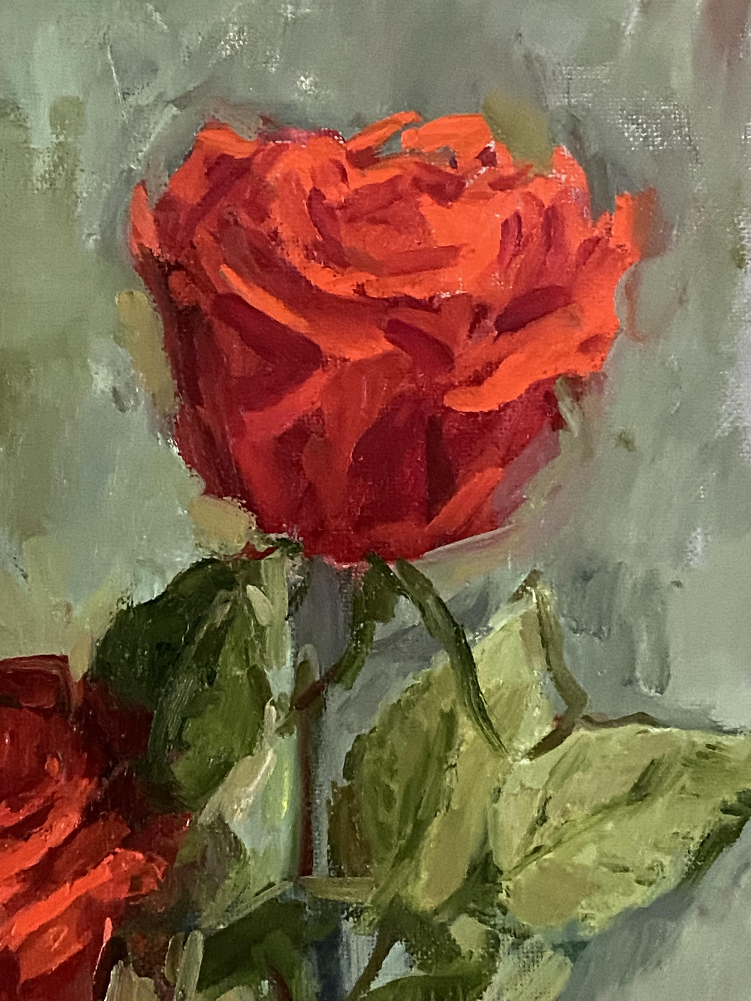 Rot in Progress. Impressionistische Blumenkunst, Zeitgenössische Kunst, Rosenstillleben (Braun), Interior Painting, von Elena Bulatova