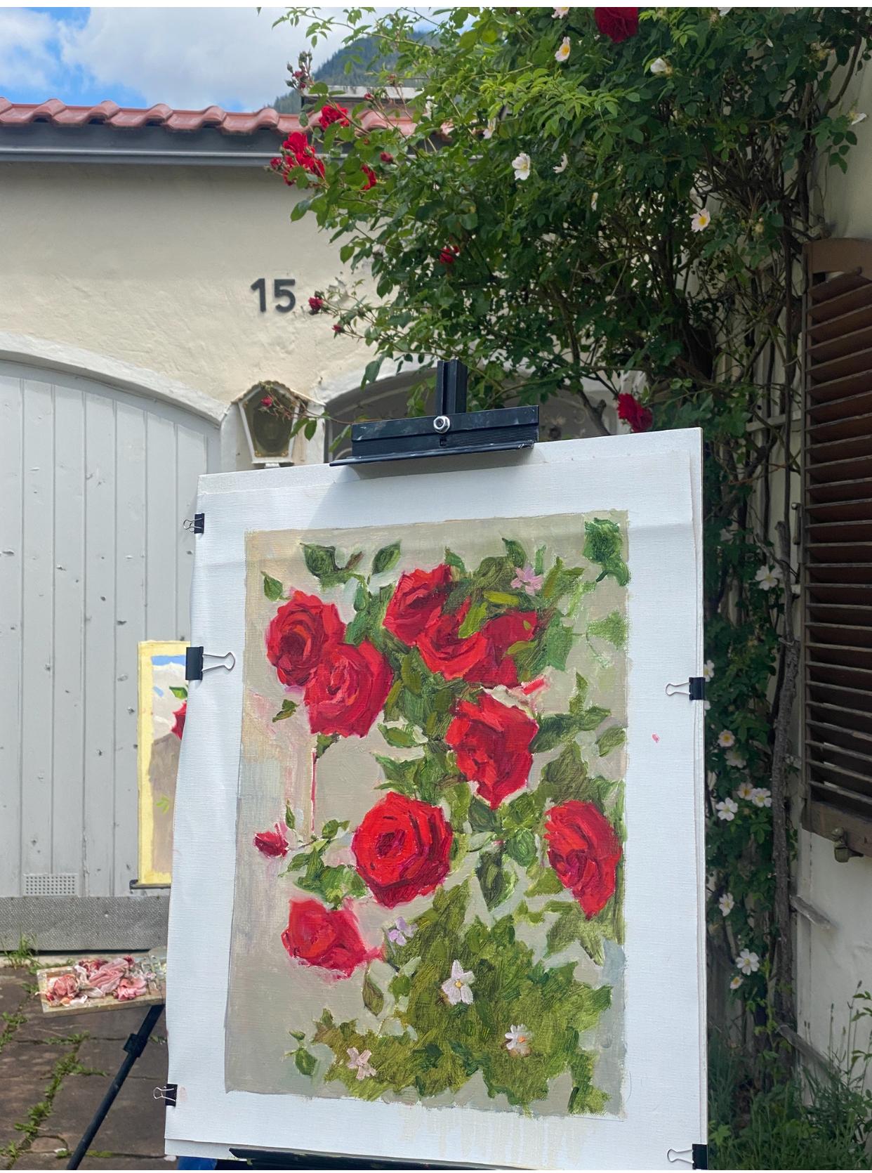 Rote Rosen - Versuchung, Öl auf Leinwand, Blumenbild, Original Kunst im Angebot 5