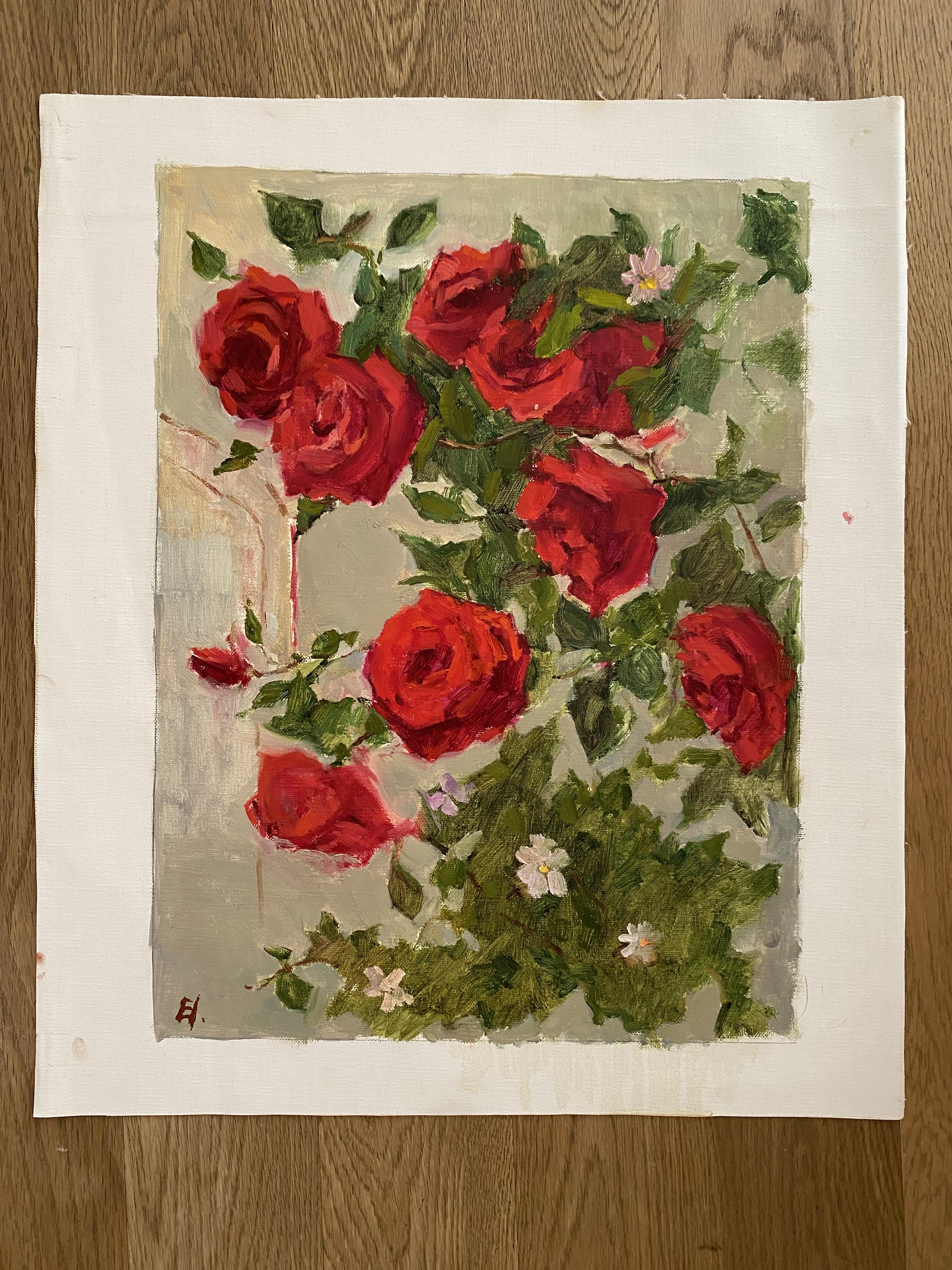 Rote Rosen - Versuchung, Öl auf Leinwand, Blumenbild, Original Kunst – Painting von Elena Bulatova