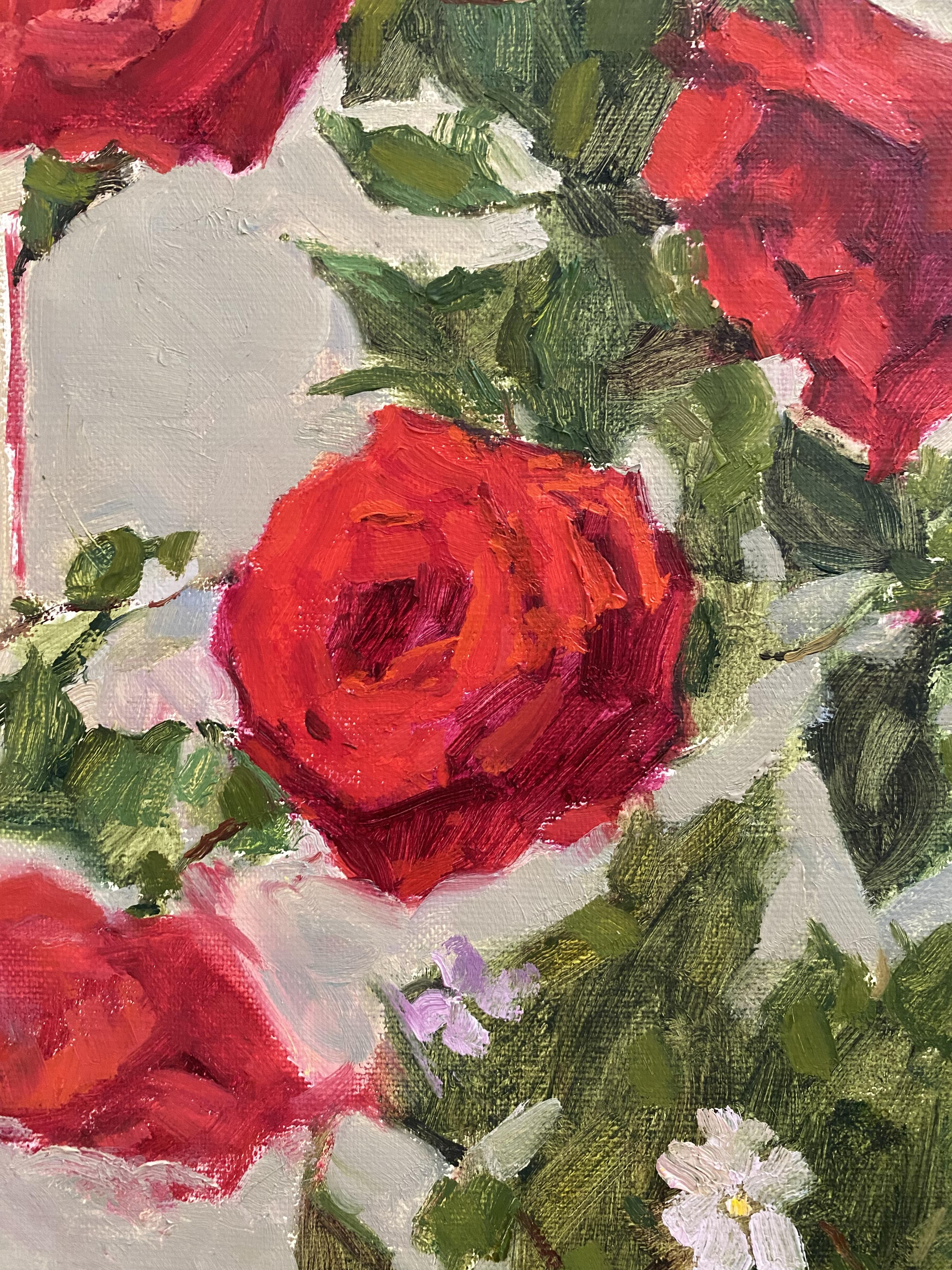 Rote Rosen - Versuchung, Öl auf Leinwand, Blumenbild, Original Kunst (Impressionismus), Painting, von Elena Bulatova