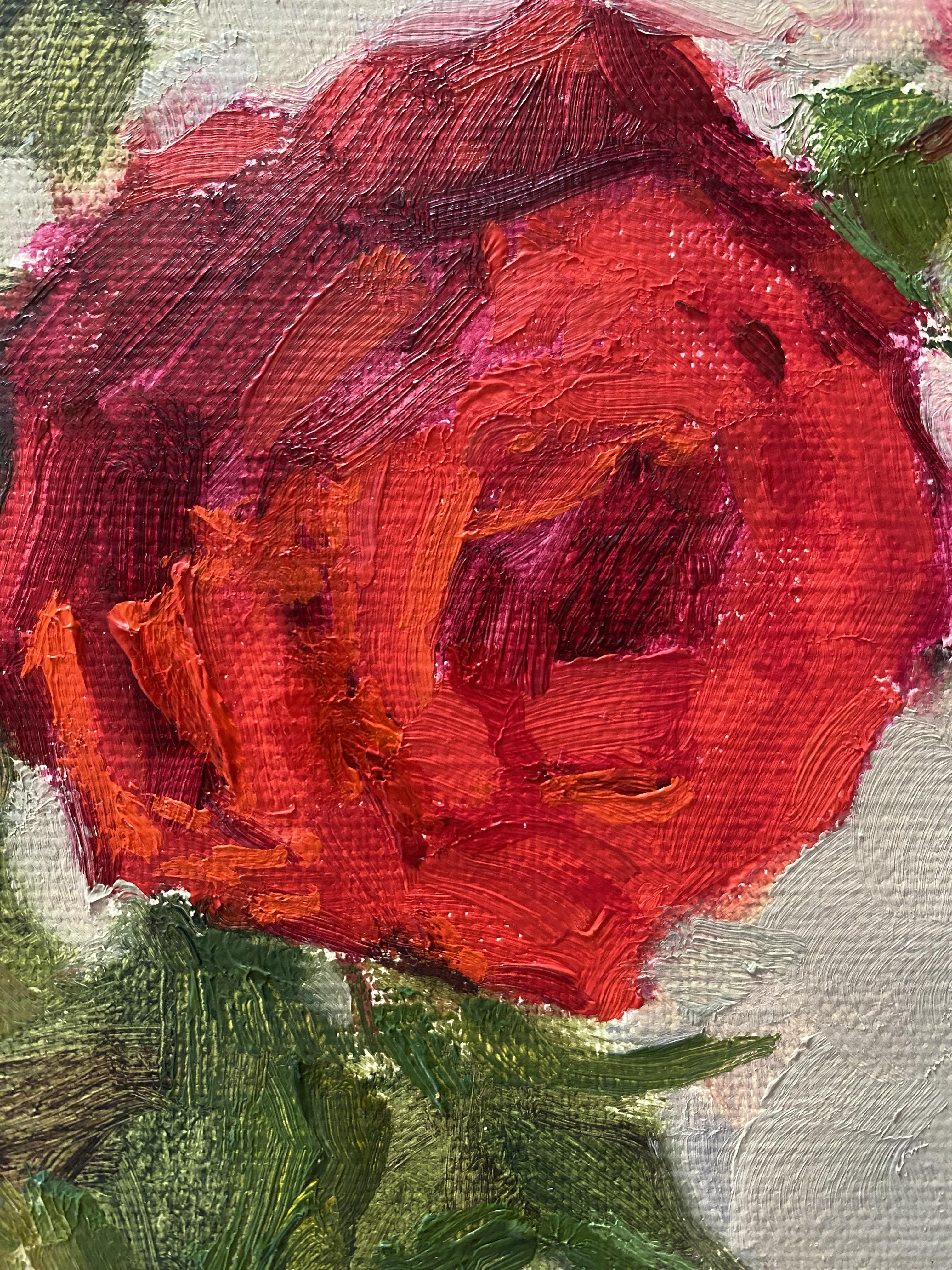 Rote Rosen - Versuchung, Öl auf Leinwand, Blumenbild, Original Kunst (Braun), Interior Painting, von Elena Bulatova