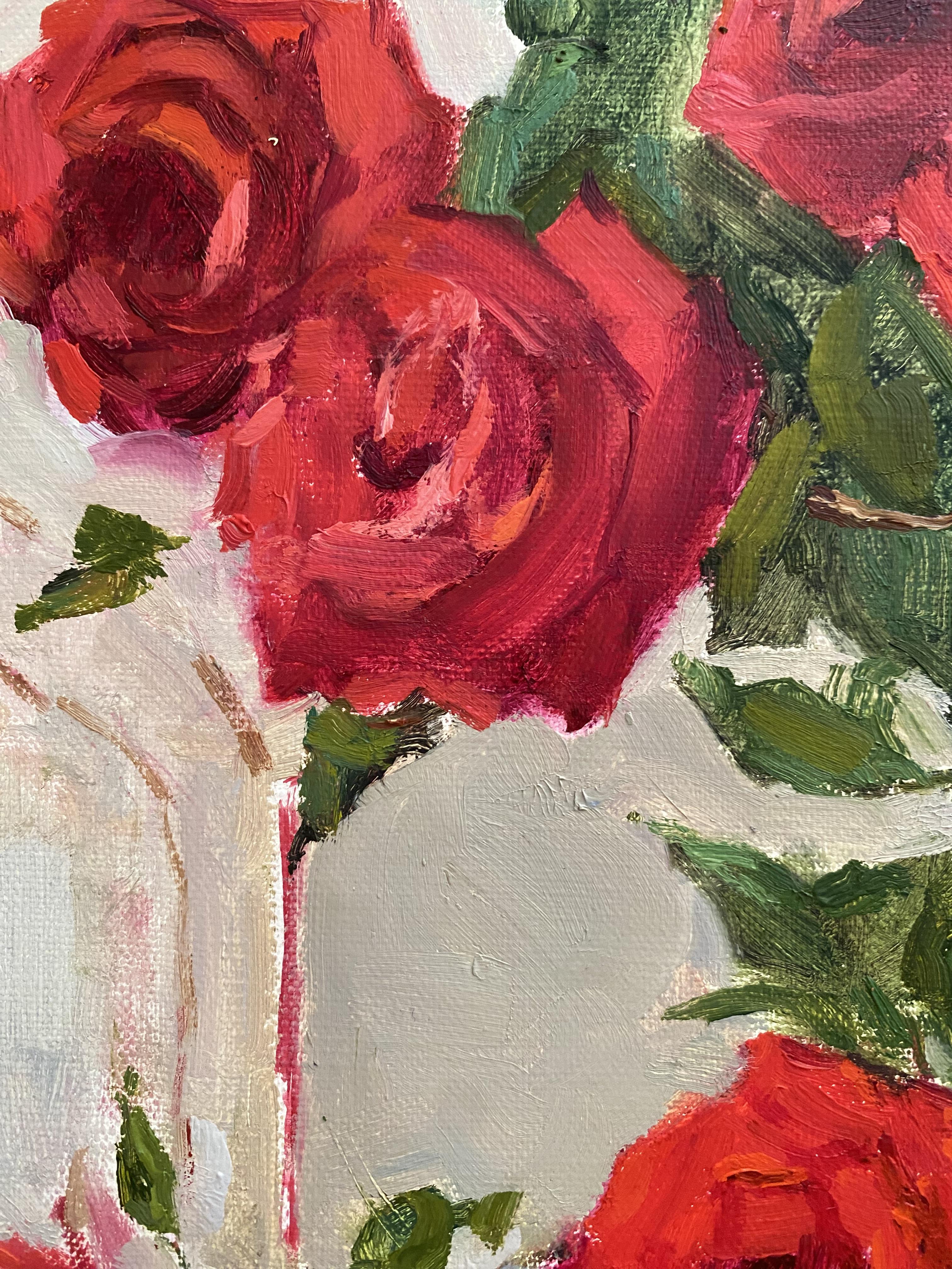 Ein Strauß roter Rosen entfaltet sich in voller Blüte - lebhaft, ungezähmt und unwiderstehlich lebendig. Red Roses' Temptation fängt nicht nur die Schönheit der Blumen ein, sondern auch die emotionale Anziehungskraft, die von ihnen ausgeht: ihre
