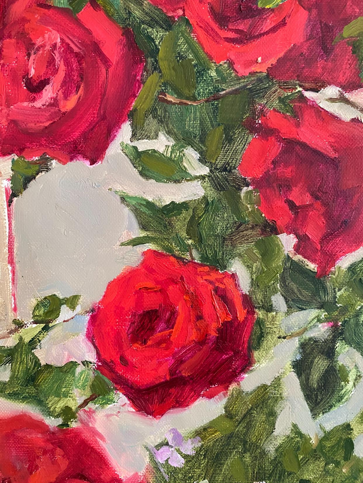 Rote Rosen - Versuchung, Öl auf Leinwand, Blumenbild, Original Kunst im Angebot 3