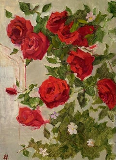 Red Roses’ Temptation, oil on canvas, flowers painting, original fine art