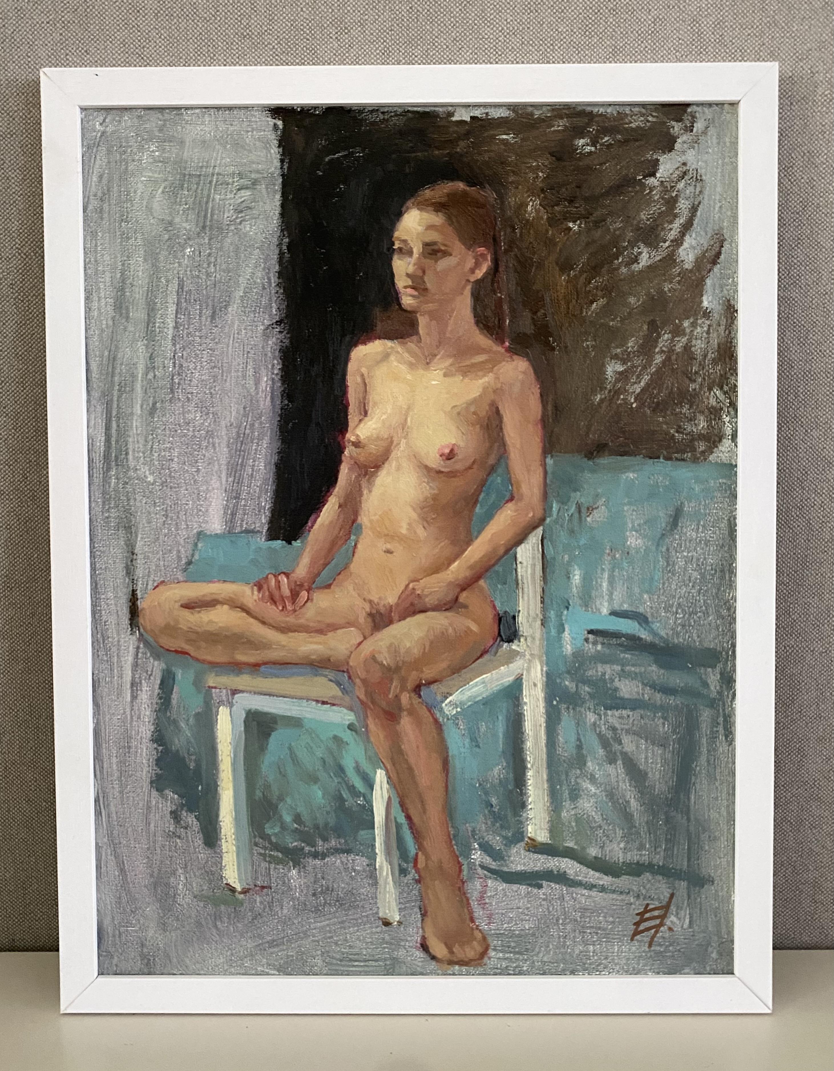 Nu assis Peinture à l'huile originale femme figure. Les nus sur tous les supports - Painting de Elena Bulatova