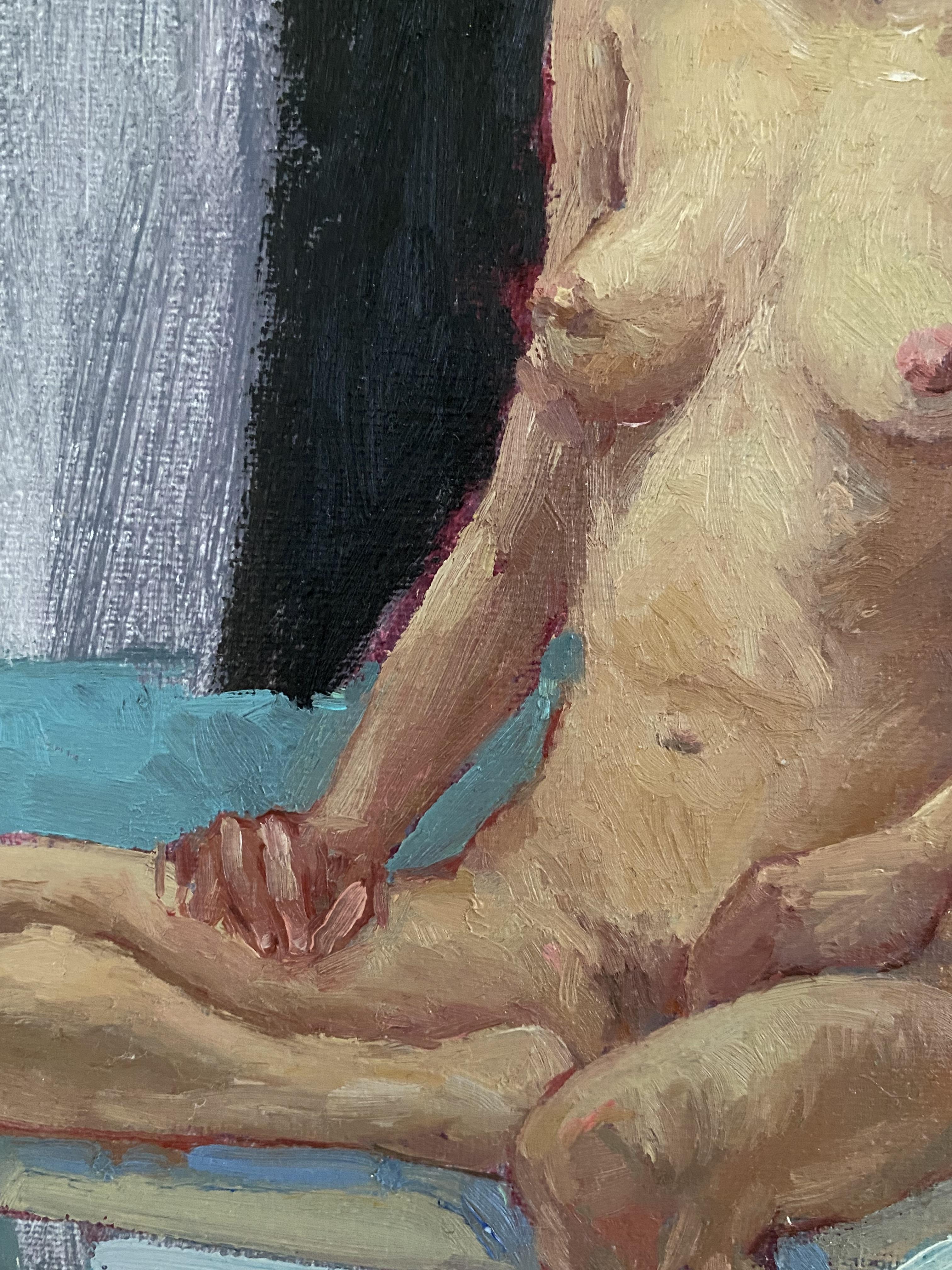 Nu assis Peinture à l'huile originale femme figure. Les nus sur tous les supports - Gris Nude Painting par Elena Bulatova