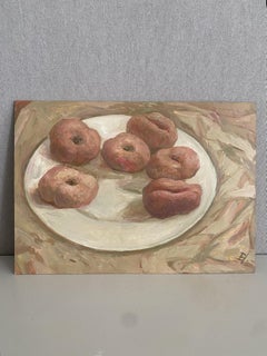 Sechs Pfirsiche. Zeitgenössisches Ölgemälde, Stillleben, warme Farben, impressionistisch