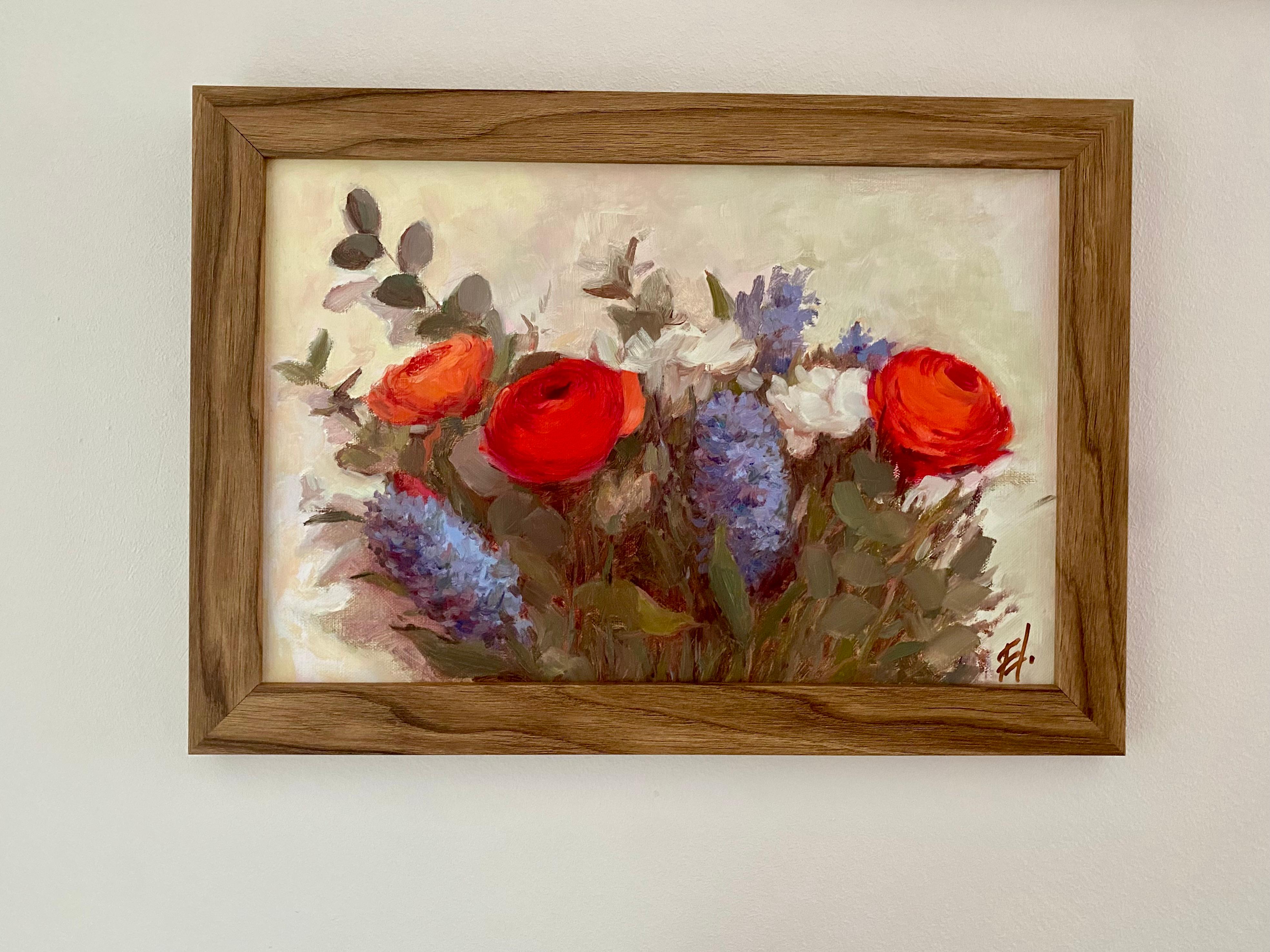 Spring flowers, oil painting, interior, flowers, bright colours, bouquet - Painting by Elena Bulatova