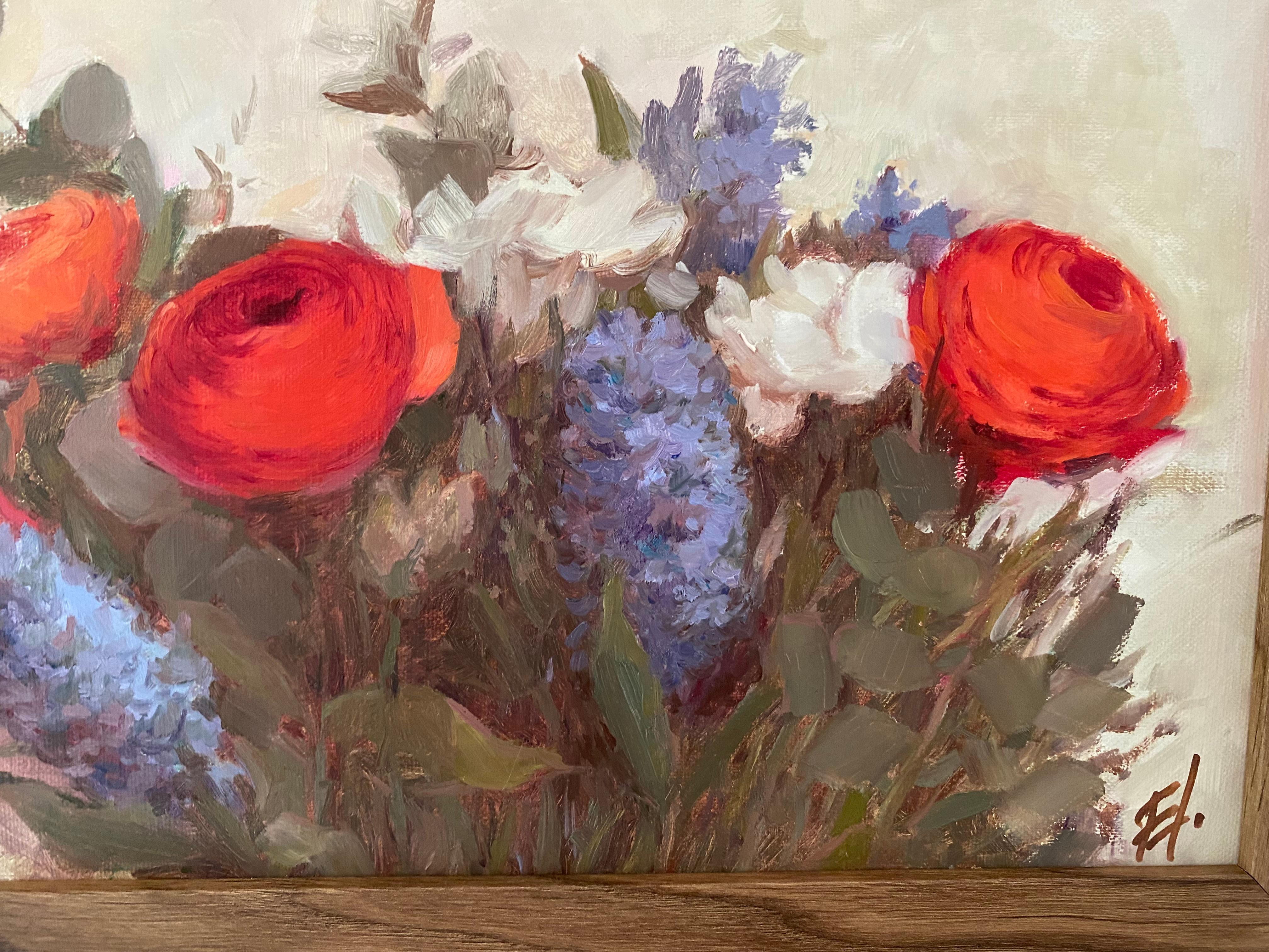 Spring flowers, oil painting, interior, flowers, bright colours, bouquet - Impressionist Painting by Elena Bulatova