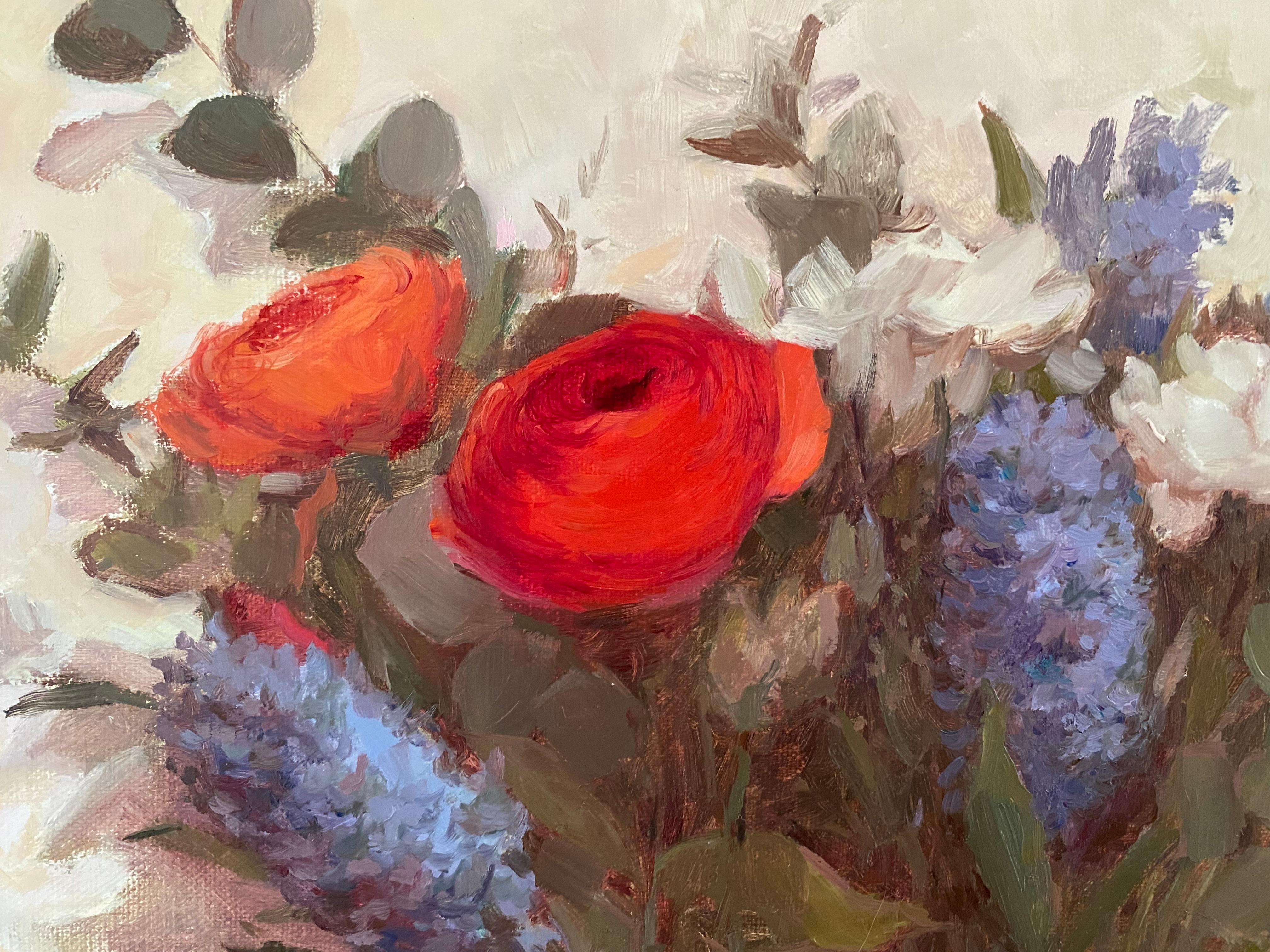 Spring flowers, oil painting, interior, flowers, bright colours, bouquet - Beige Interior Painting by Elena Bulatova
