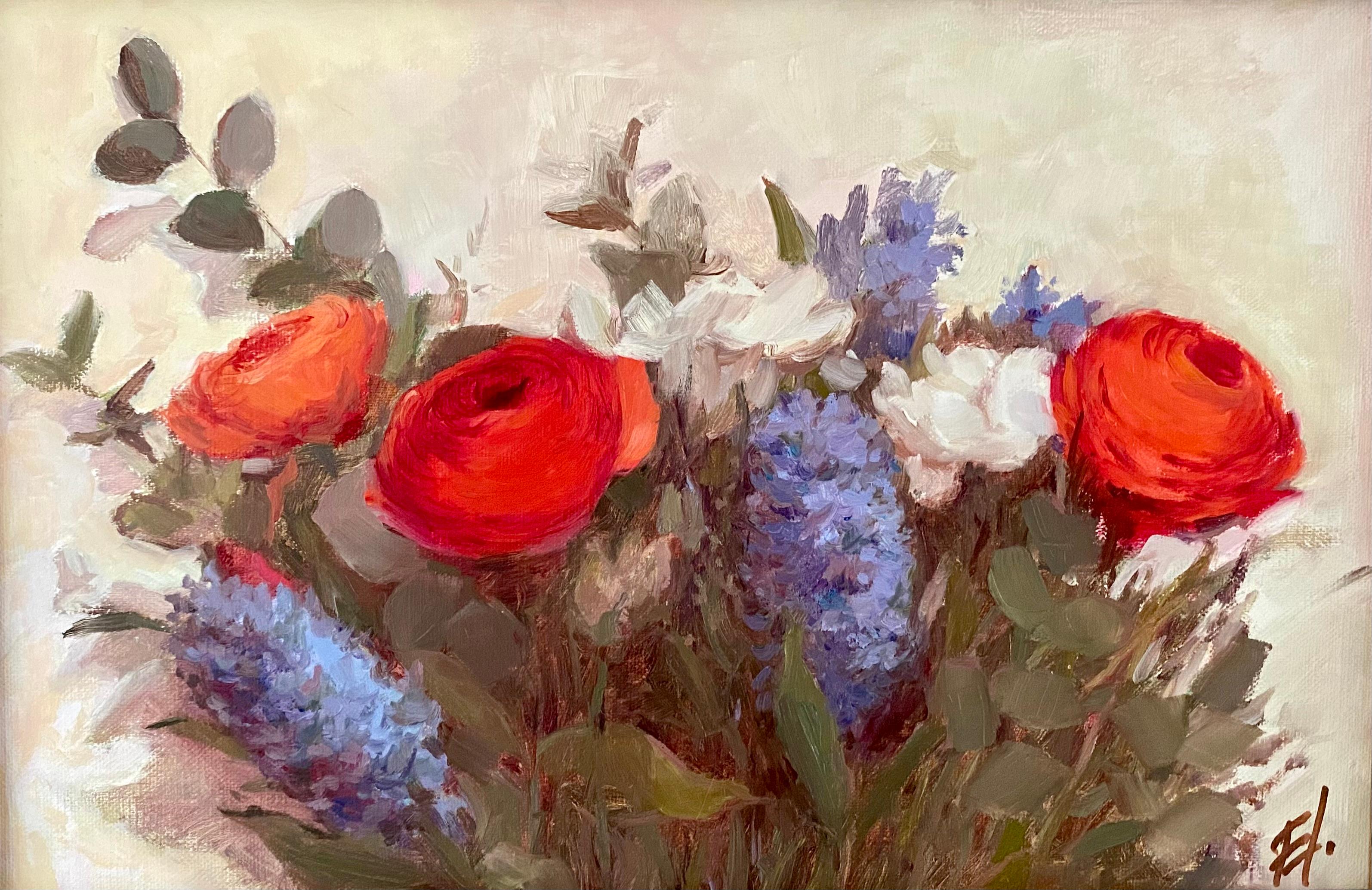 Spring Flowers is a vibrant celebration of color and life, painted from a fresh spring bouquet in the expressive alla prima technique. Bold red ranunculus bloom beside soft whites and vivid blues, brought to life with spontaneous brushstrokes and