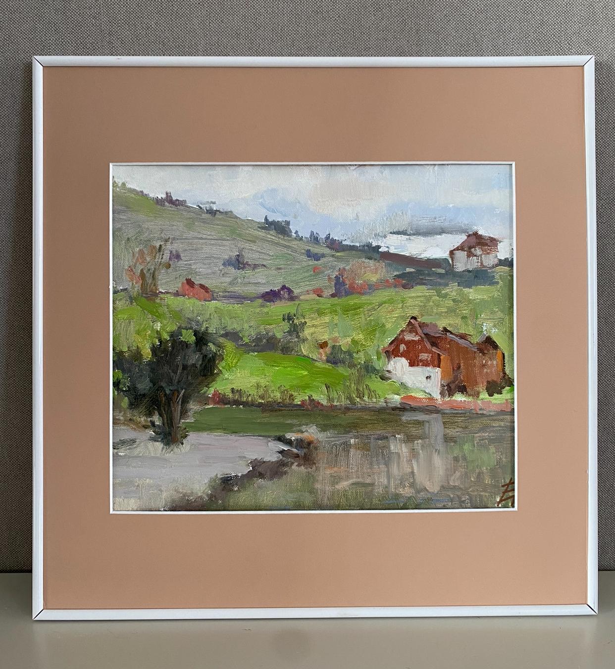 Spring in Werdenberg, Impressionismus, Landschaft, Ölfarbe, bildende Kunst, Interieur – Painting von Elena Bulatova