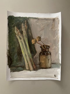 Still Life with Asparagus and Amber Bottle. Impressionism figurative still life