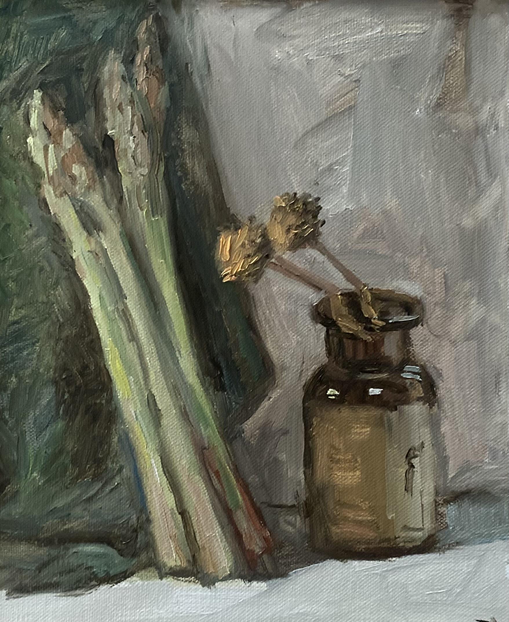 Still-Life Painting Elena Bulatova - Nature morte aux asperges et à la bouteille d'ambre. Impressionnisme Nature morte figurative