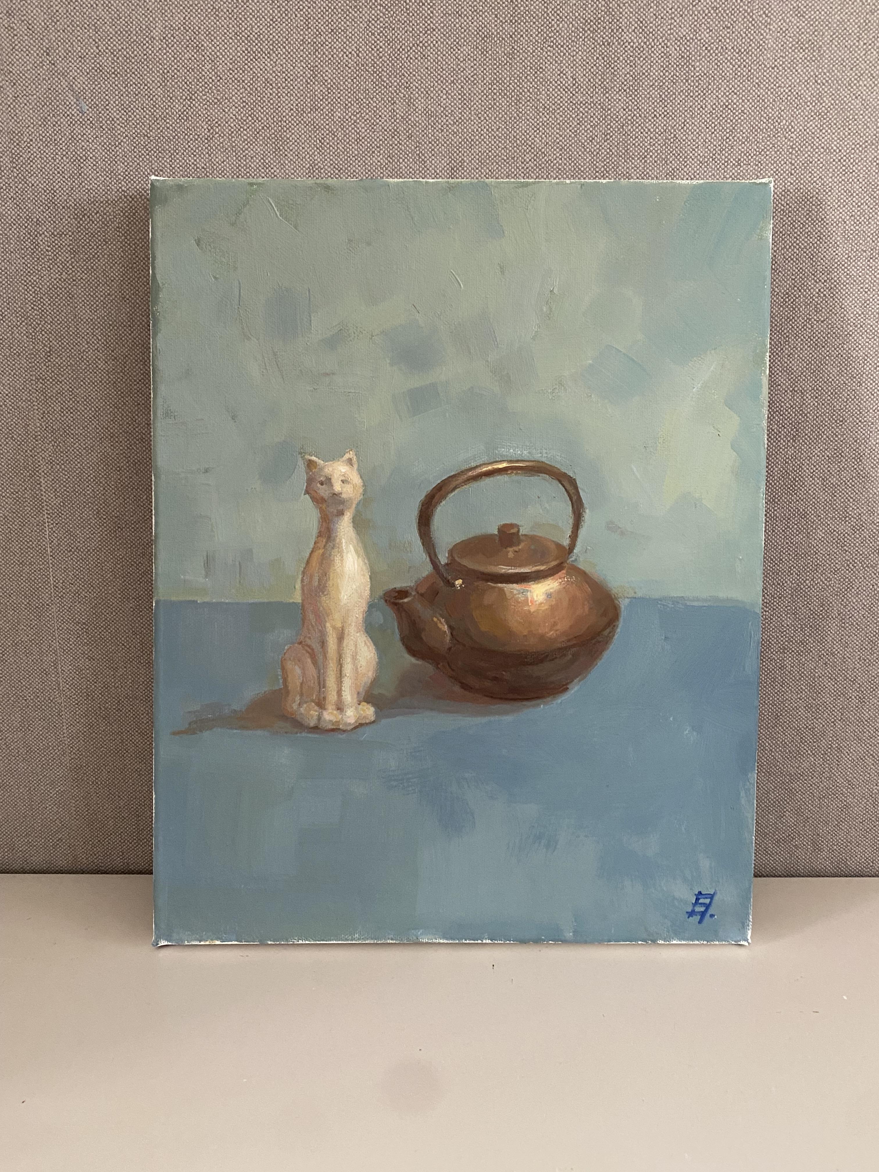 Still Life with Cat and Teapot, oil on canvas painting, wall decor, blue mood - Painting by Elena Bulatova