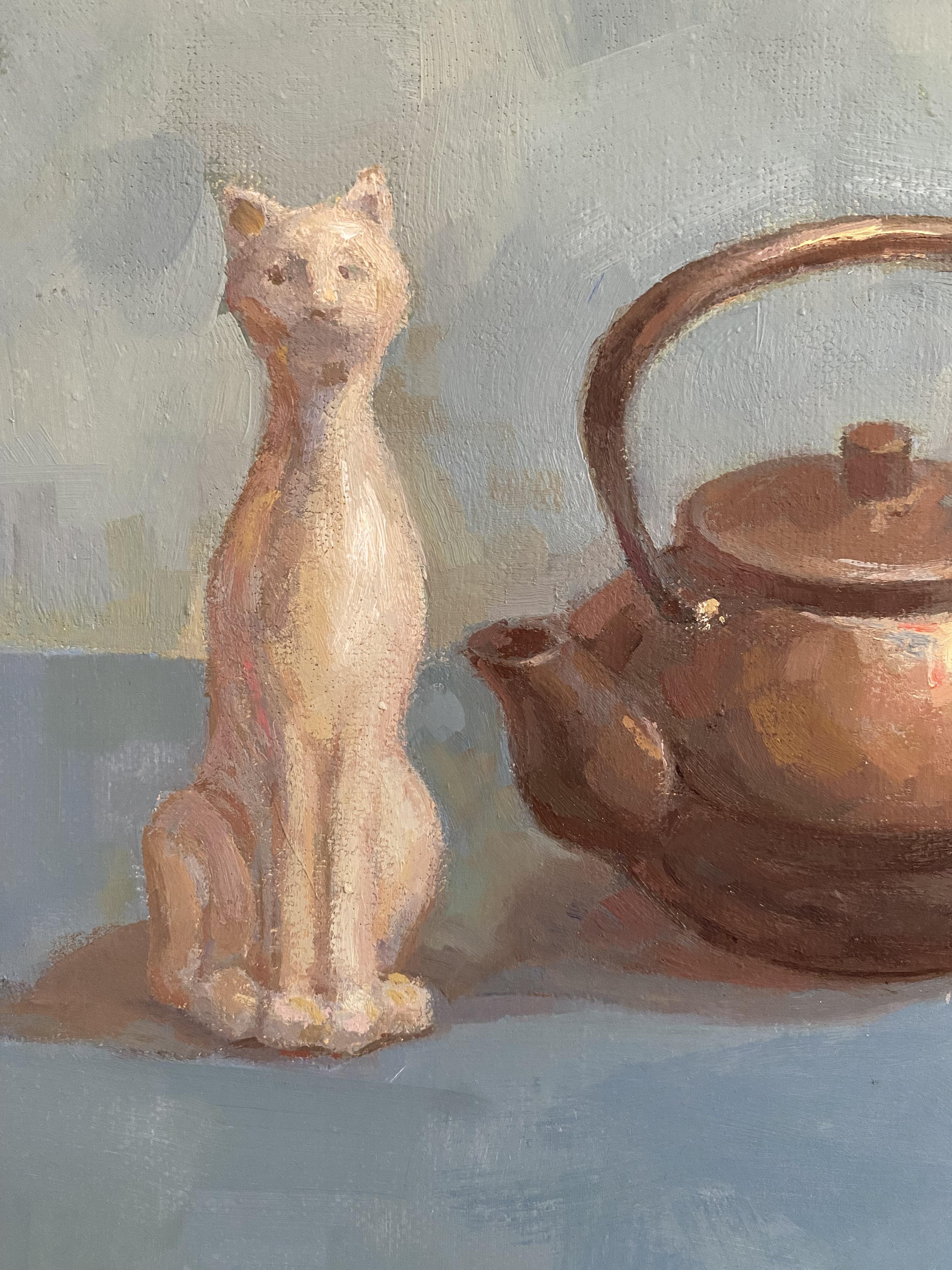 Still Life with Cat and Teapot, oil on canvas painting, wall decor, blue mood - Impressionist Painting by Elena Bulatova