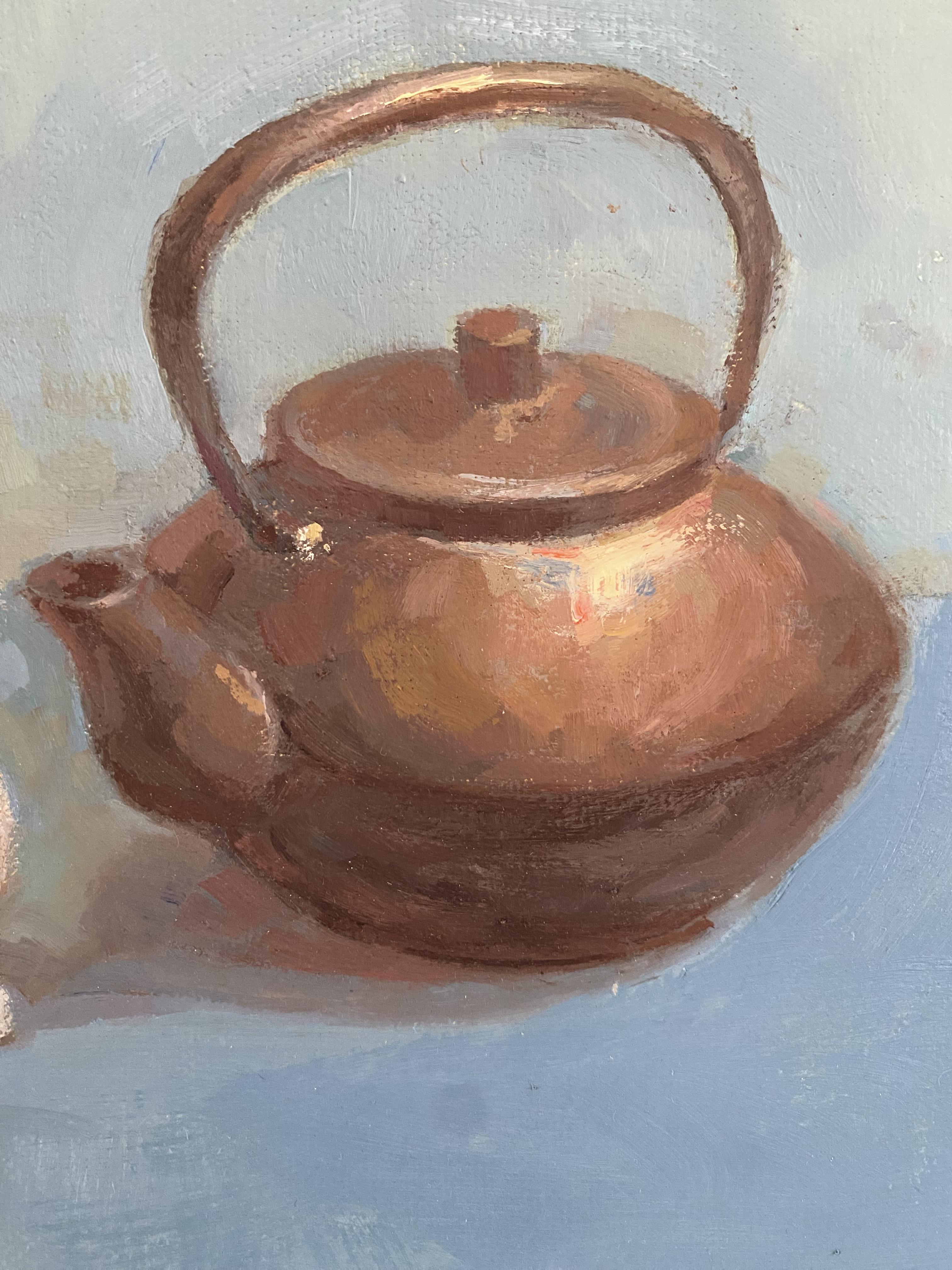 Still Life with Cat and Teapot, oil on canvas painting, wall decor, blue mood - Gray Still-Life Painting by Elena Bulatova