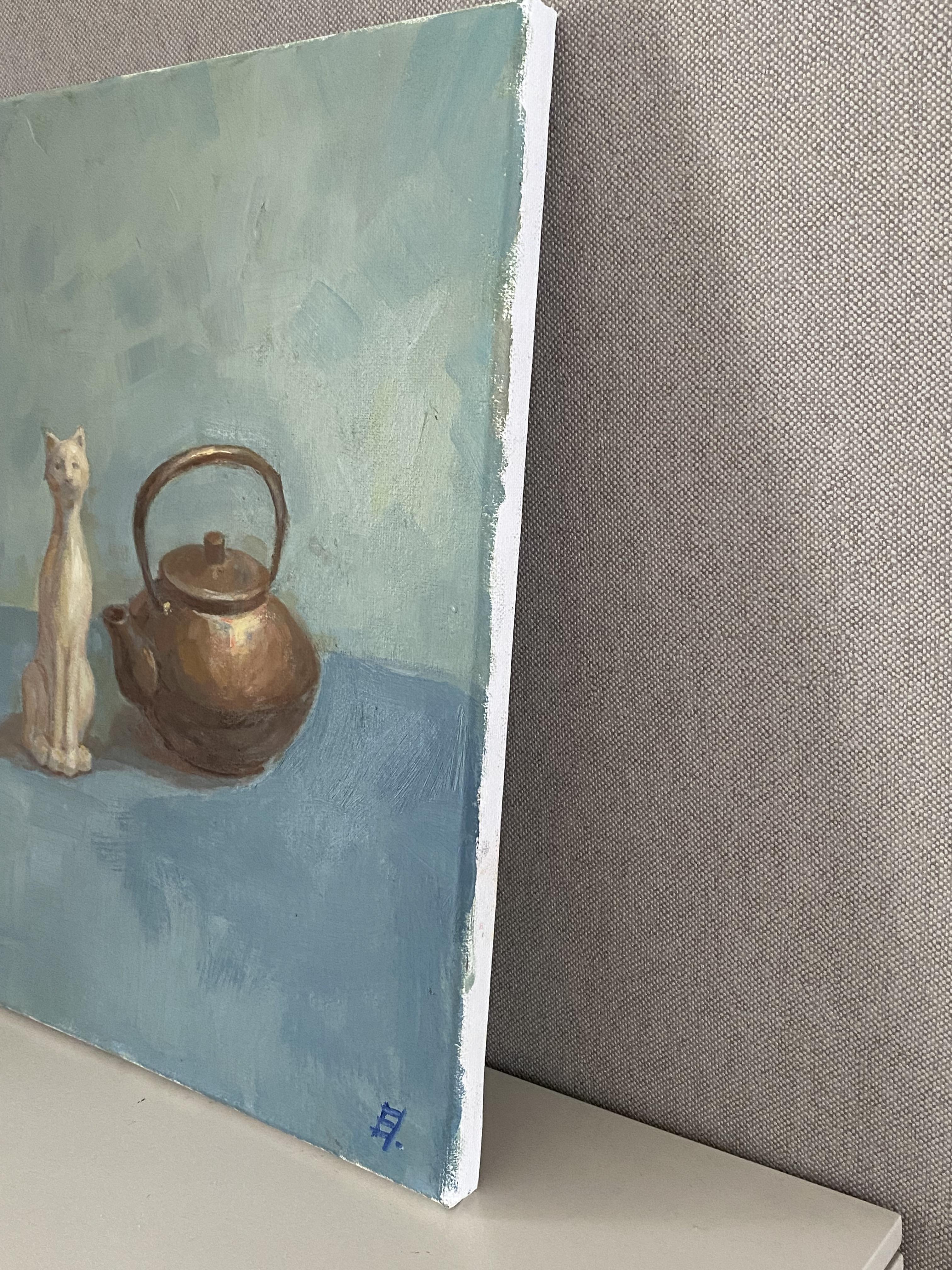 This painting was created from life, with the artist carefully observing the objects over several quiet sessions. 

A porcelain cat and a copper teapot — two seemingly unrelated forms — became central figures in a still life that is both simple and